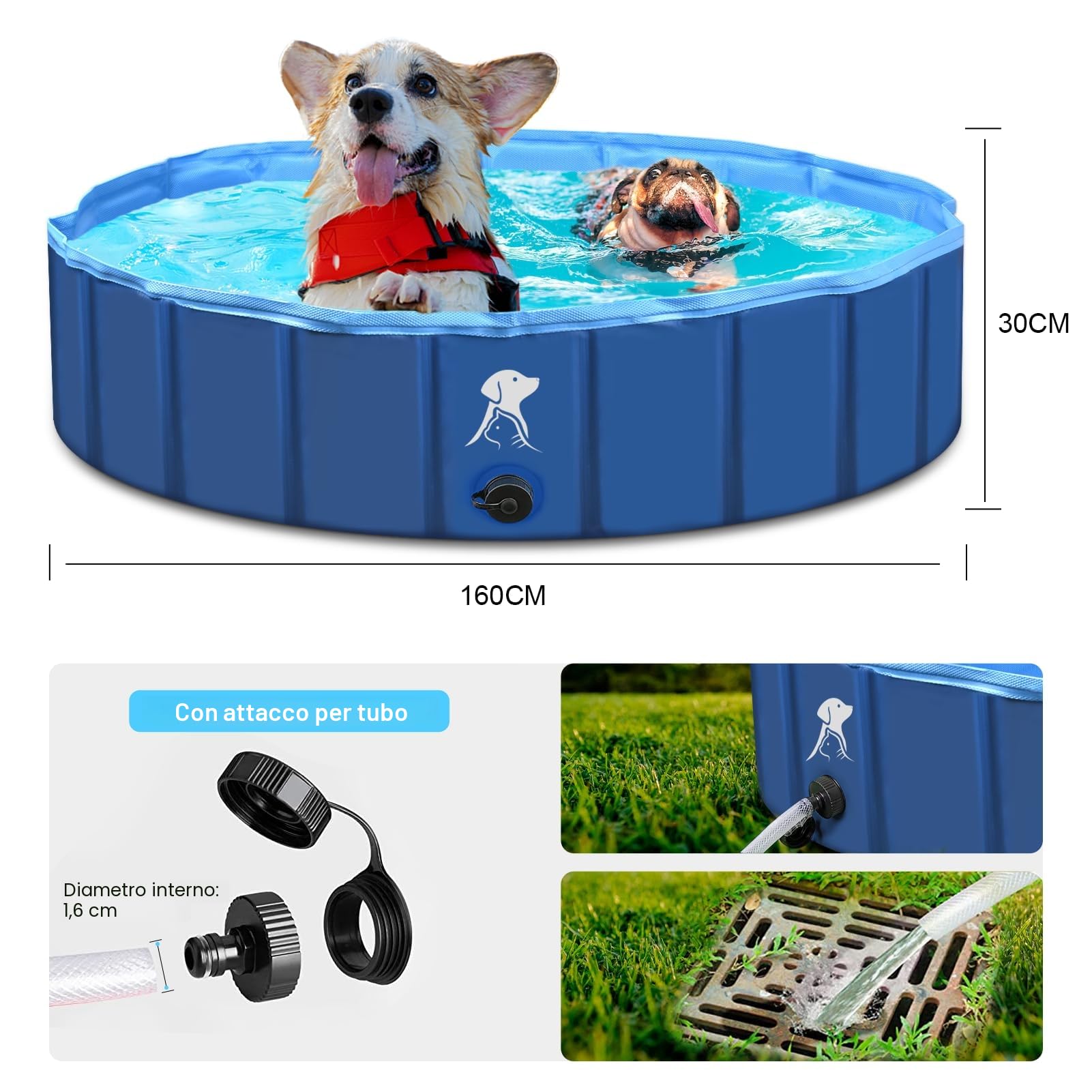 Fwiull - Piscina per cani grandi e piccoli, pieghevole, per cani, vasca da bagno, 120 x 30 cm, stabile, per animali domestici, bambini, antiscivolo, portatile, blu