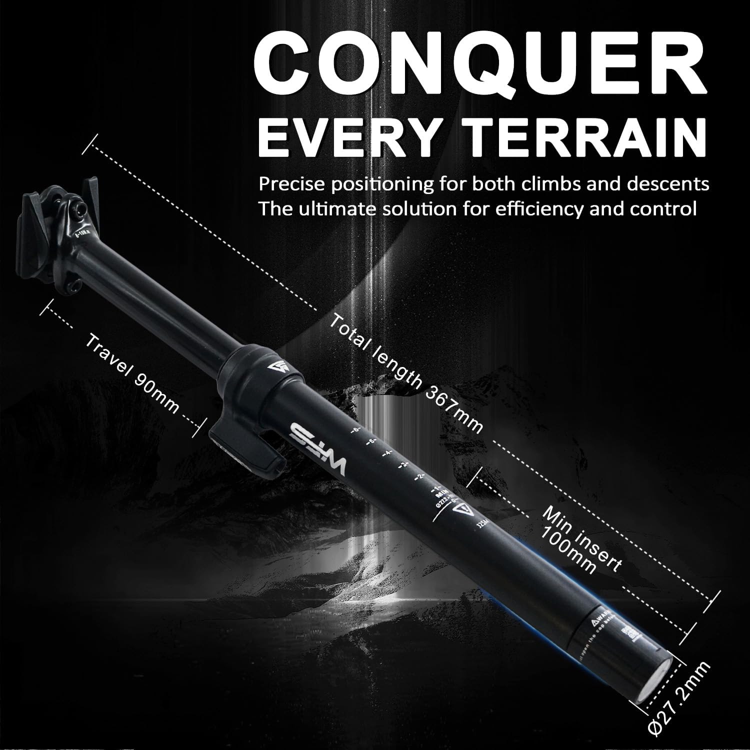 WFS TerraX Vresa Flex Dropper Seatpost 27.2mm 30.9mm 31.6mm, 70mm 80mm 85mm 90mm 110mm 125mm 150mm Travel, Remote, External Cable Routing, Black – Lightweight Alloy Build