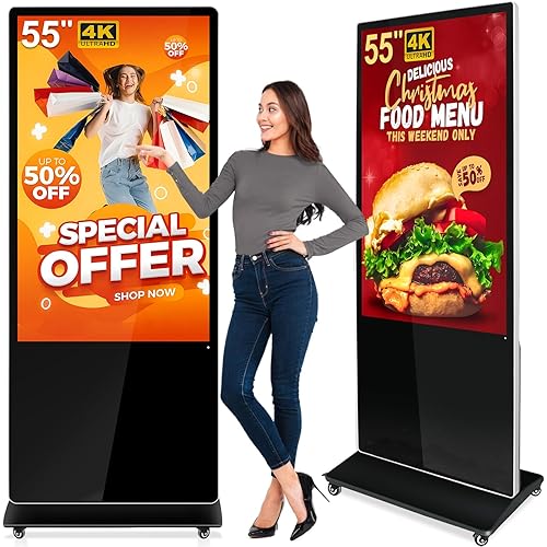 55 Inch Floor Standing Digital Signage, 4K UHD Touchscreen Interactive Display Advertising Kiosk Commercial LCD Android Totem with Auto-Play, HDMI-in