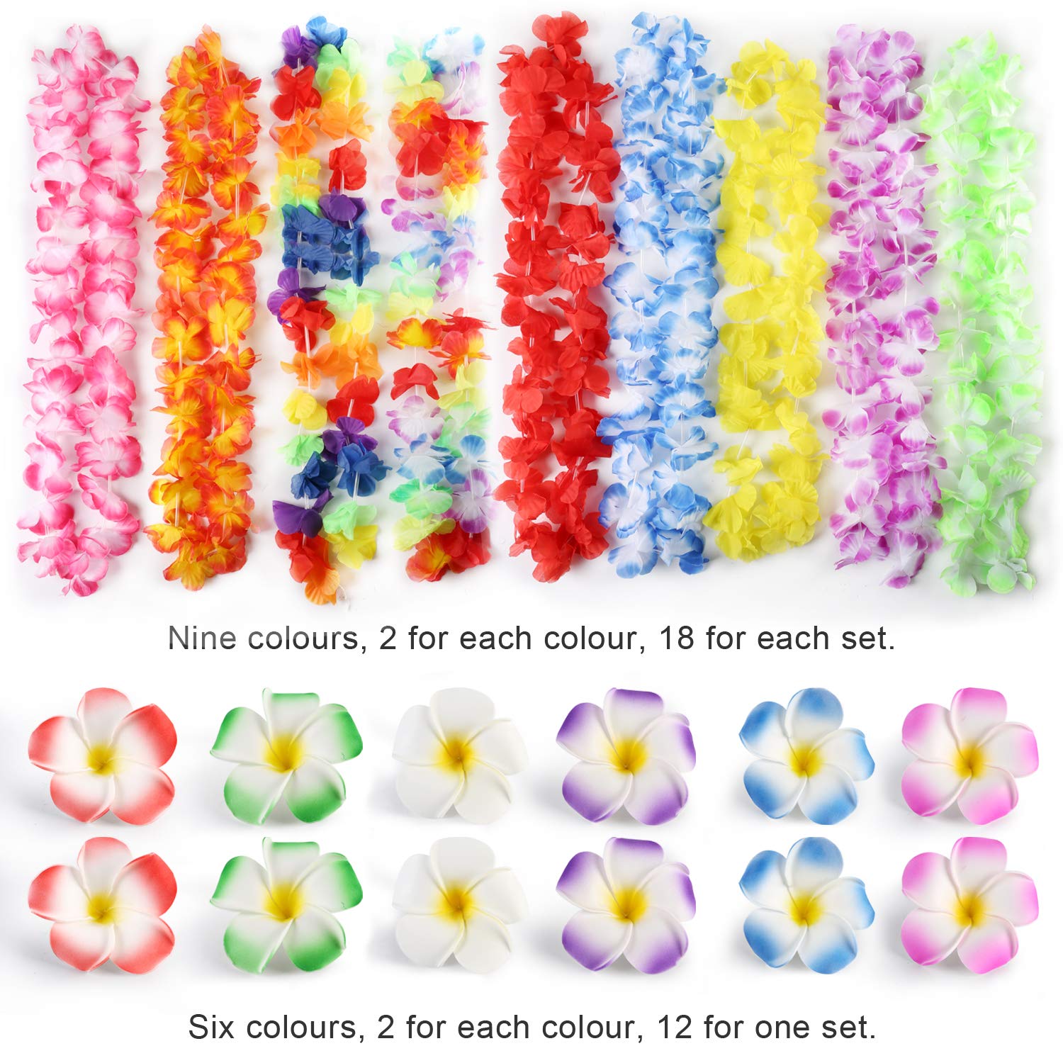 HOWAF Hawaii Blumenketten Set – 18 Leis & 12 Haarspangen, Bunt | Für Luau, Strandparty & Deko