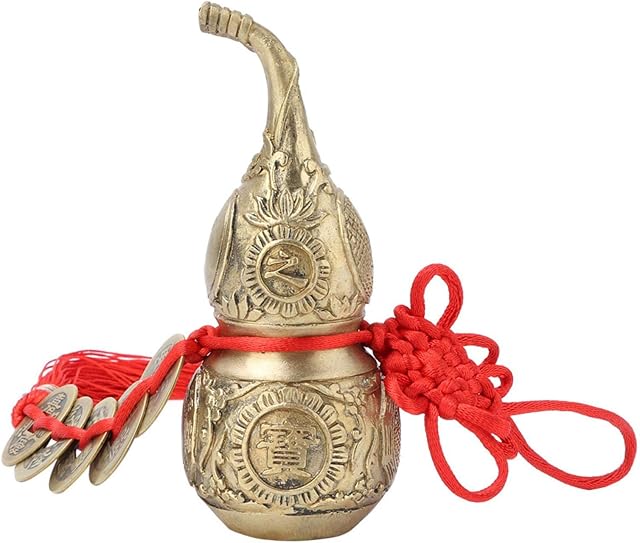 Brass Gourd Wu Lou Feng Shui Luck And Treasure Ornament With 5 Coins for Housewarming Gifts Office Bedroom Car Hanging
