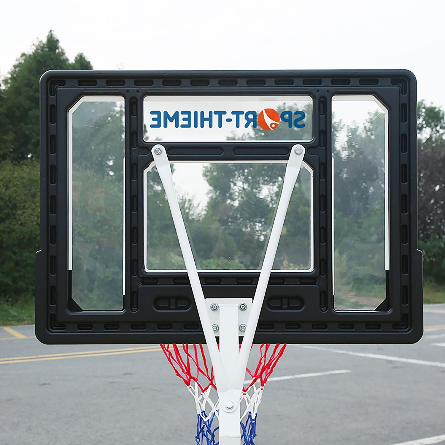 Sport-Thieme Basketballanlage Utah | Mobile Outdoor-Anlage | Mit 5-stufiger Höhenverstellung | Wasserbefüllbarer Standfuß | Schwarz | 18 kg | PVC-Brett 82x58 cm