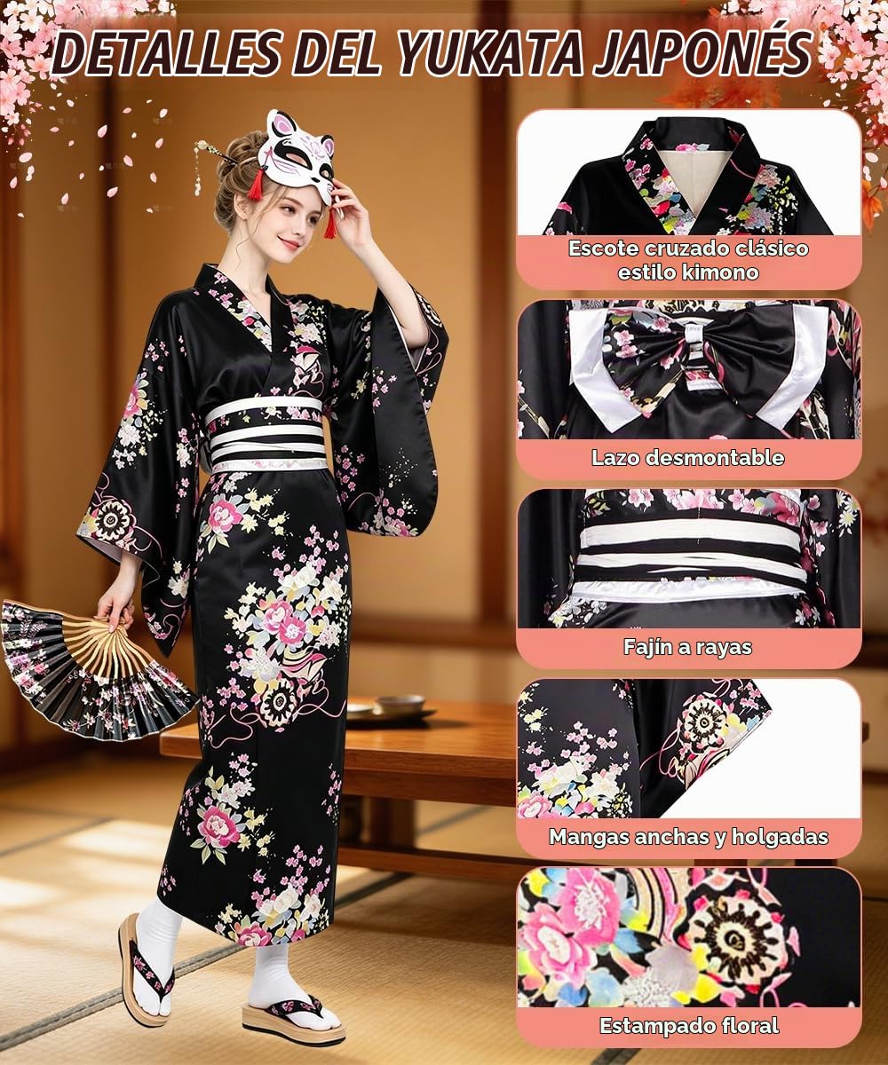 Geisha Yukata Japonés, Robe Kimono Mujer con Horquilla, Abanico Plegable y Bolsa, Albornoz Tradicional Japonés para Cosplay y Carnaval