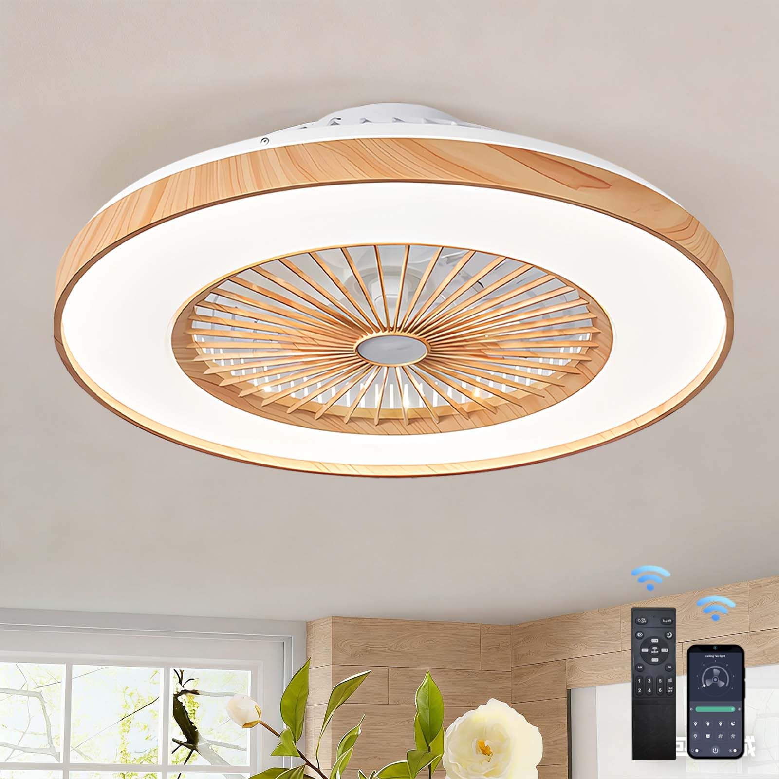 HXYSXHJUO Ceiling Fans with Lights,50cm Reversible Blades,Quiet 6 Speeds Timer,Wood Fan Lights for Bedroom Kitchen Living Room