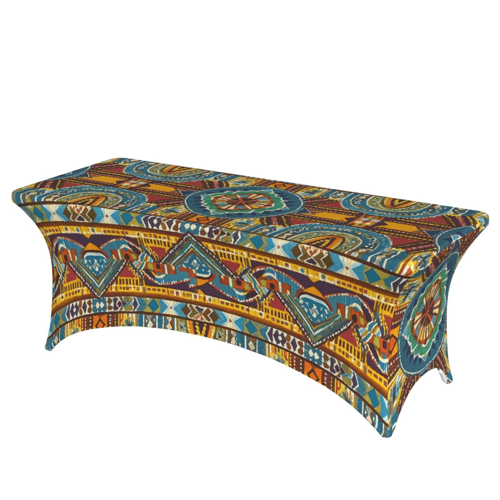 LMNGH African Style Textile Pattern Decorative Tablecloth Protector for Wedding, Banquet & Parties6FT Spandex Rectangle Tablecloths, Stretch Washable Table Cloth Wrinkle Free Patio Table Cover