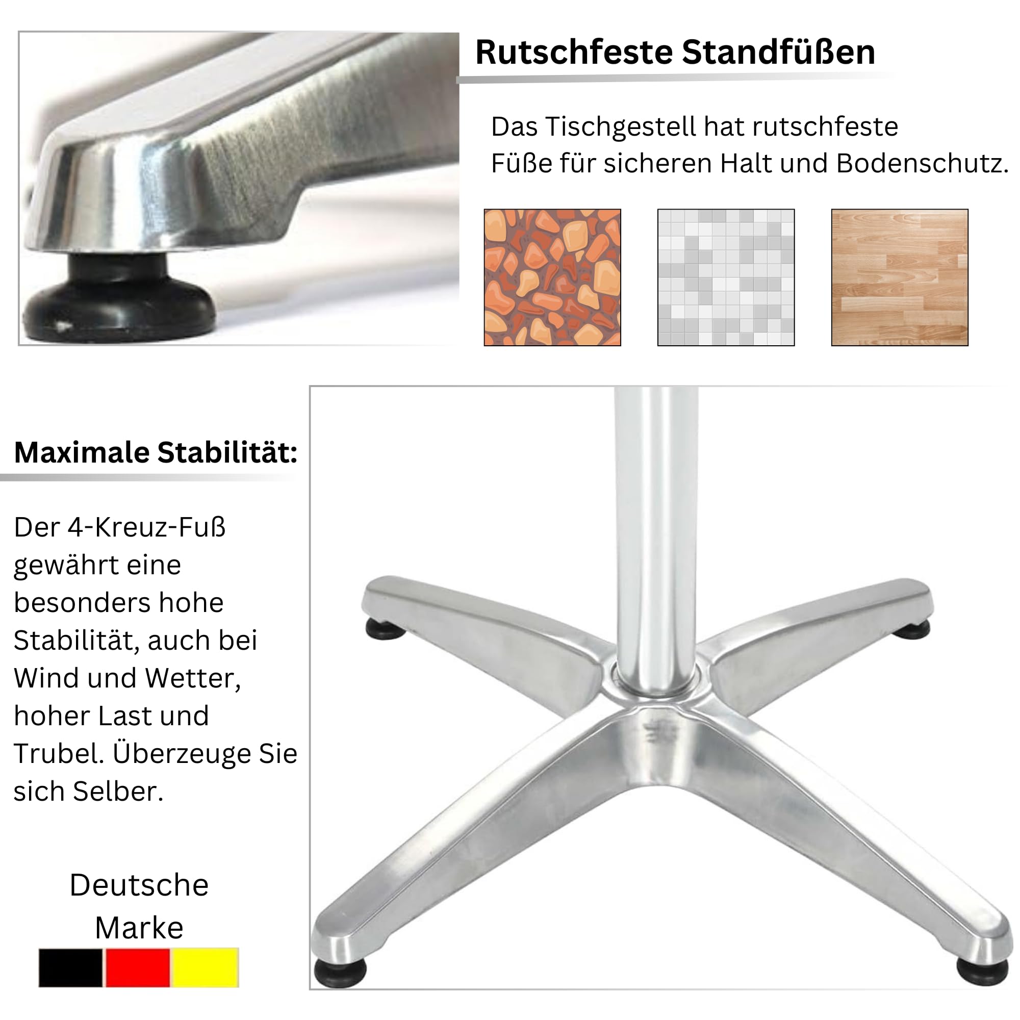 Hochwertiger Bistrotisch aus Aluminium, Eckiger Aluminiumtisch Wetterfest für Garten, Balkon und Terrassen – T80 x B80 x H72cm / Pflegeleichter Gartentisch mit Standfüßen –Silber glänzend Tischplatte