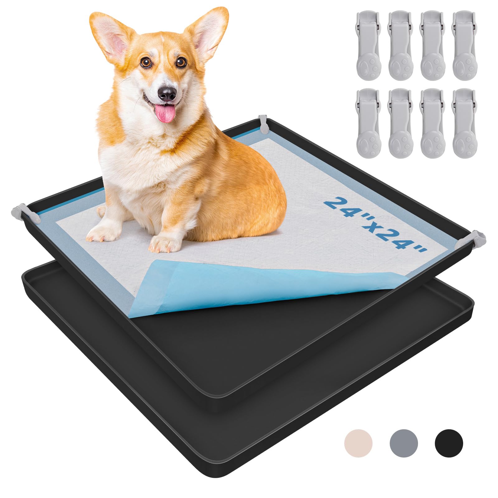 LOOBANI Dog Pee Pad Holder - 2 Pack Silicone Puppy Pad Holder - High Edge Dog Potty Tray with 4 Holder Clamps for Puppy Potty Training, Fits Up to 24" x 24" Training Pads, Black