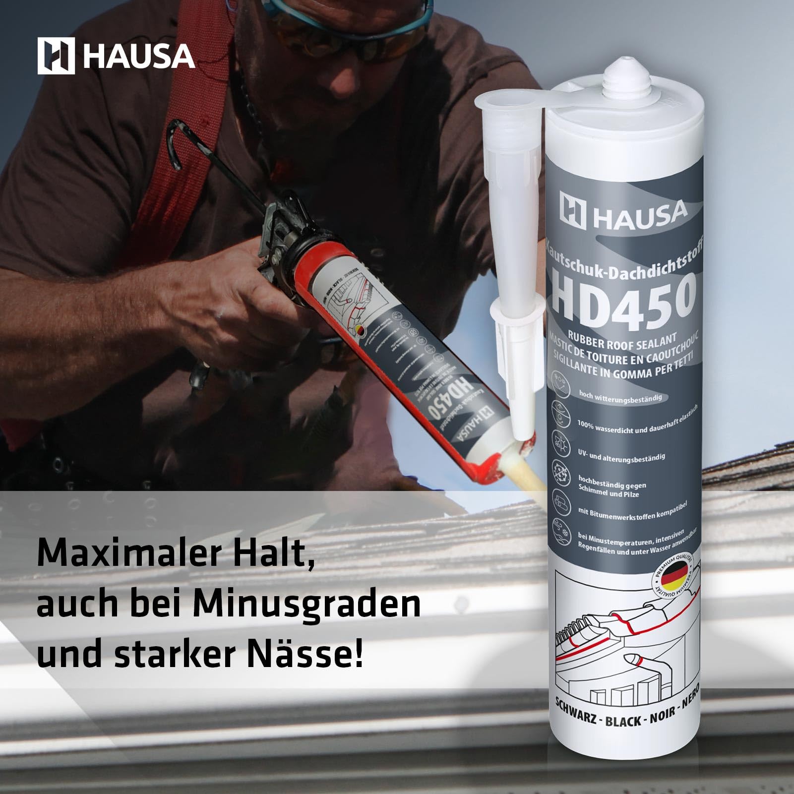 Hausa Kautschuk Dachdichtstoff HD450 Schwarz 6x 300ml dauerelastische Dichmasse & Kleber für Dach Dachrinnen Trapezblech Dachfolien Dachbahnen, wetterfest, kompatibel mit Bitumenwerkstoffen