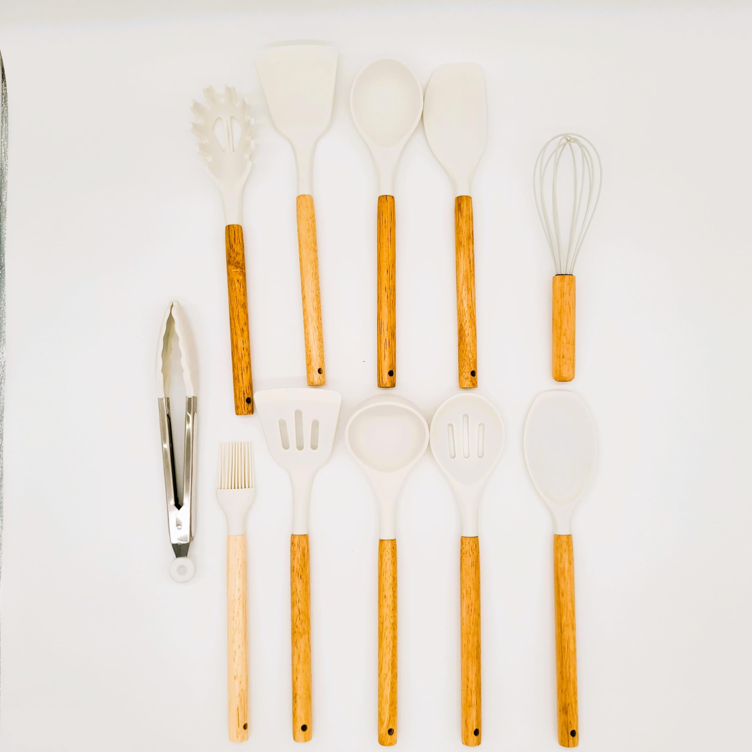 BWG Juego de utensilios de cocina y recipiente, juego de utensilios de cocina, juego de utensilios de cocina de silicona de alta calidad, asas de diseño elegante, resistente al calor (madera, blanco)