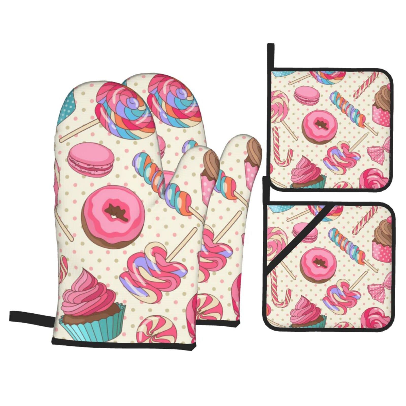 Colorful Sweet Lollipop Cupcake Donut Print Kitchen Baking Four Piece Set of Heat Resistant Thick Cotton Oven Mitts for Cooking, Baking and Grilling