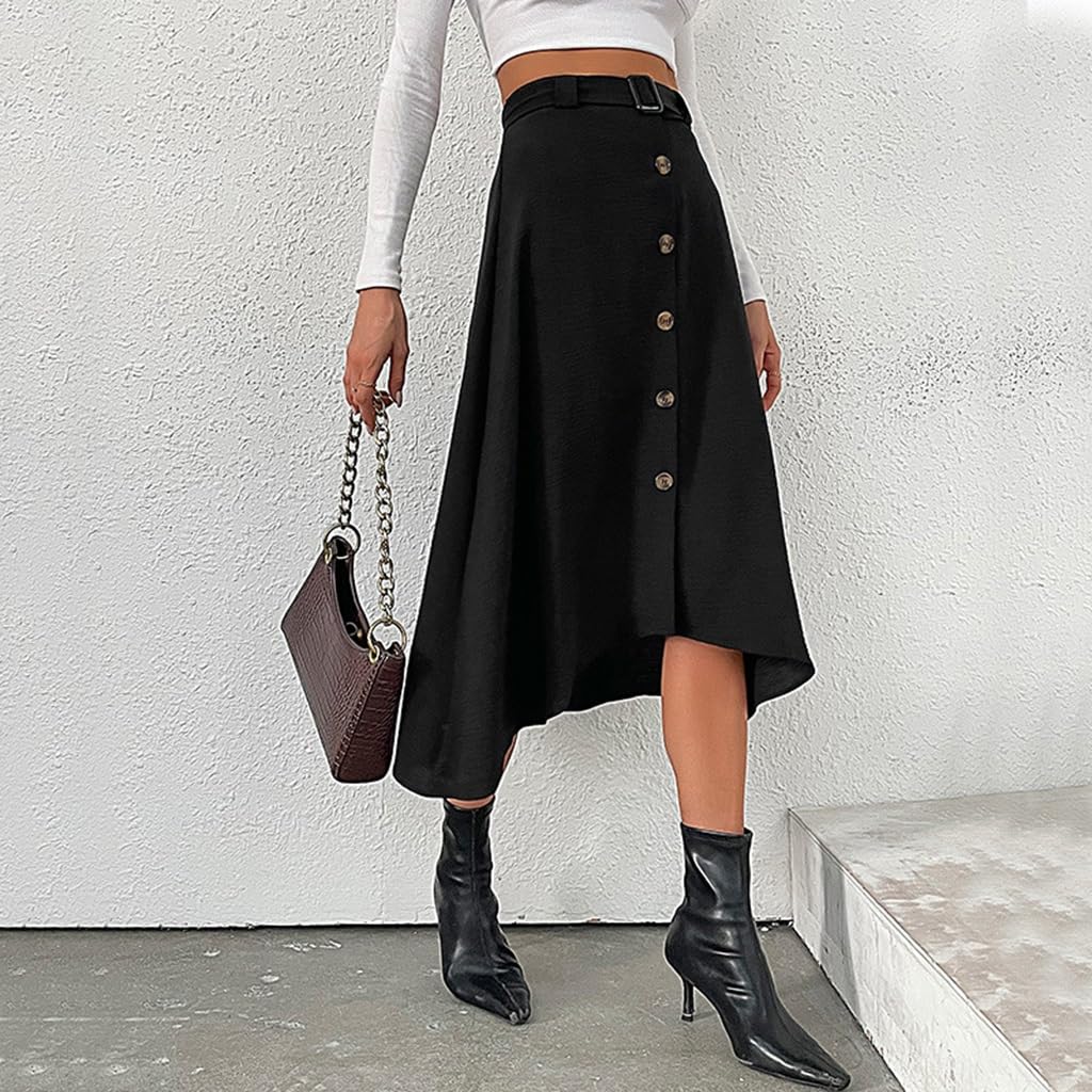Las Mujeres de Cintura Alta Una Línea de Botones Delanteros Flowy Flare Midi Falda Vintage Solid Dobladillo Irregular Casual Faldas de Trabajo