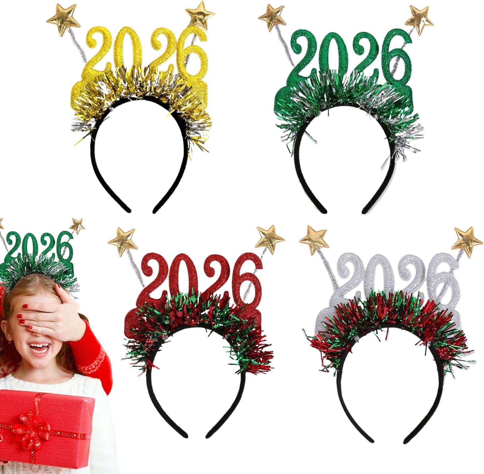 2026 Christmas Headband - 4 Pcs Happy New Year Headbands Party Headband with Streamers for Christmas and New Year Accessories for Photobooth, Bar and Shopping Mall Events