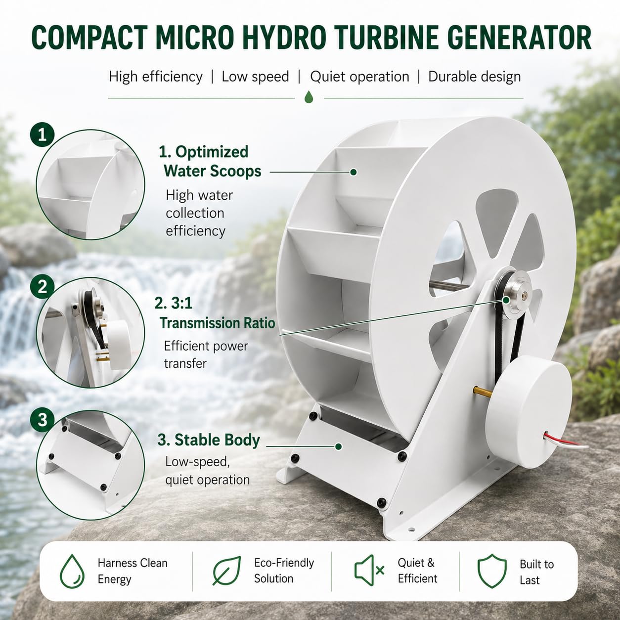 Generador de turbina de agua portátil de 100 W | Cuerpo de acero, transmisión por correa silenciosa, uso de bajo flujo cerca de arroyos, desagües y electrónica al aire libre
