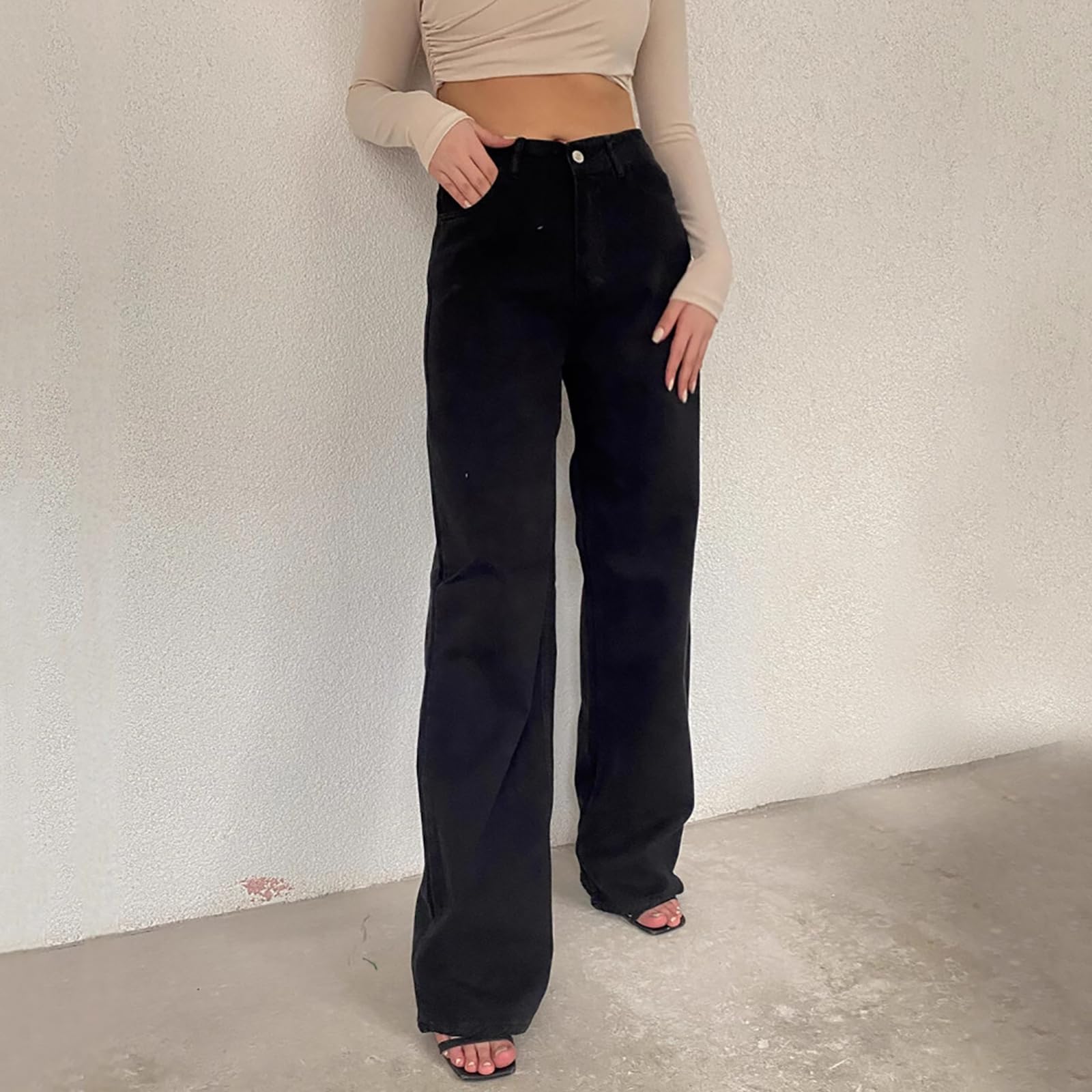 Dżinsy Damskie Proste Nogawki Dżinsy z Wysokim Stanem Długie Spodnie Casual Basic Zwykłe Dżinsy Wsuwane Damskie Spodnie Dżinsowe z Szerokimi Nogawkami Wygodne Spodnie Bootcut Streetwear