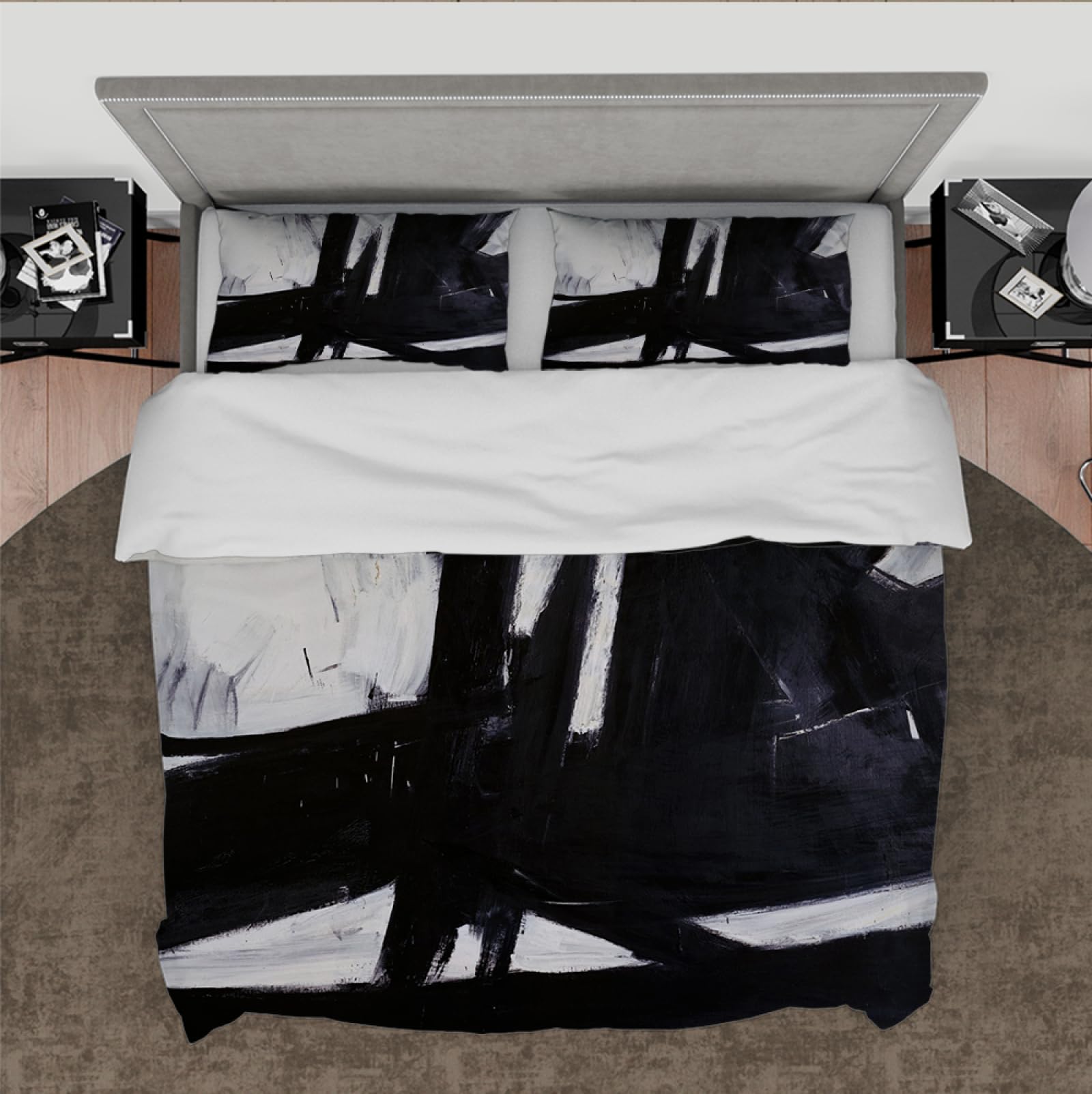 Czarny i szary Ink Art 3-częściowy zestaw pościeli Franz Kline, nowoczesna, abstrakcyjna pościel, zestaw poszewek na kołdrę, 2 poszewki na poduszkę 230 x 220 cm