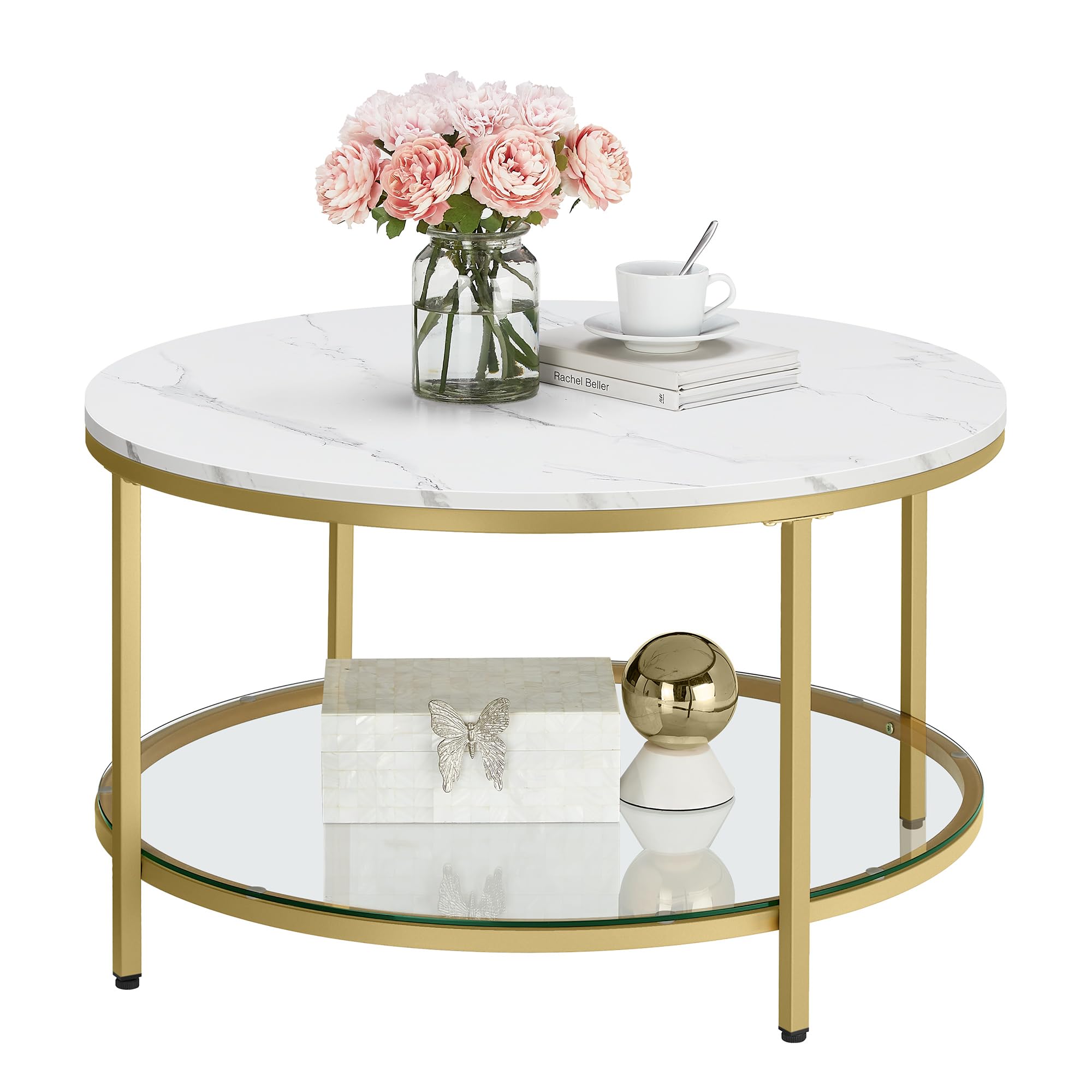 VASAGLE Couchtisch, Wohnzimmertisch, Sofatisch, für Wohnzimmer, mit Glasplatte, viel Stauraum, einfacher Aufbau, moderner Stil, marmorweiß-helles Gold LCT071W59