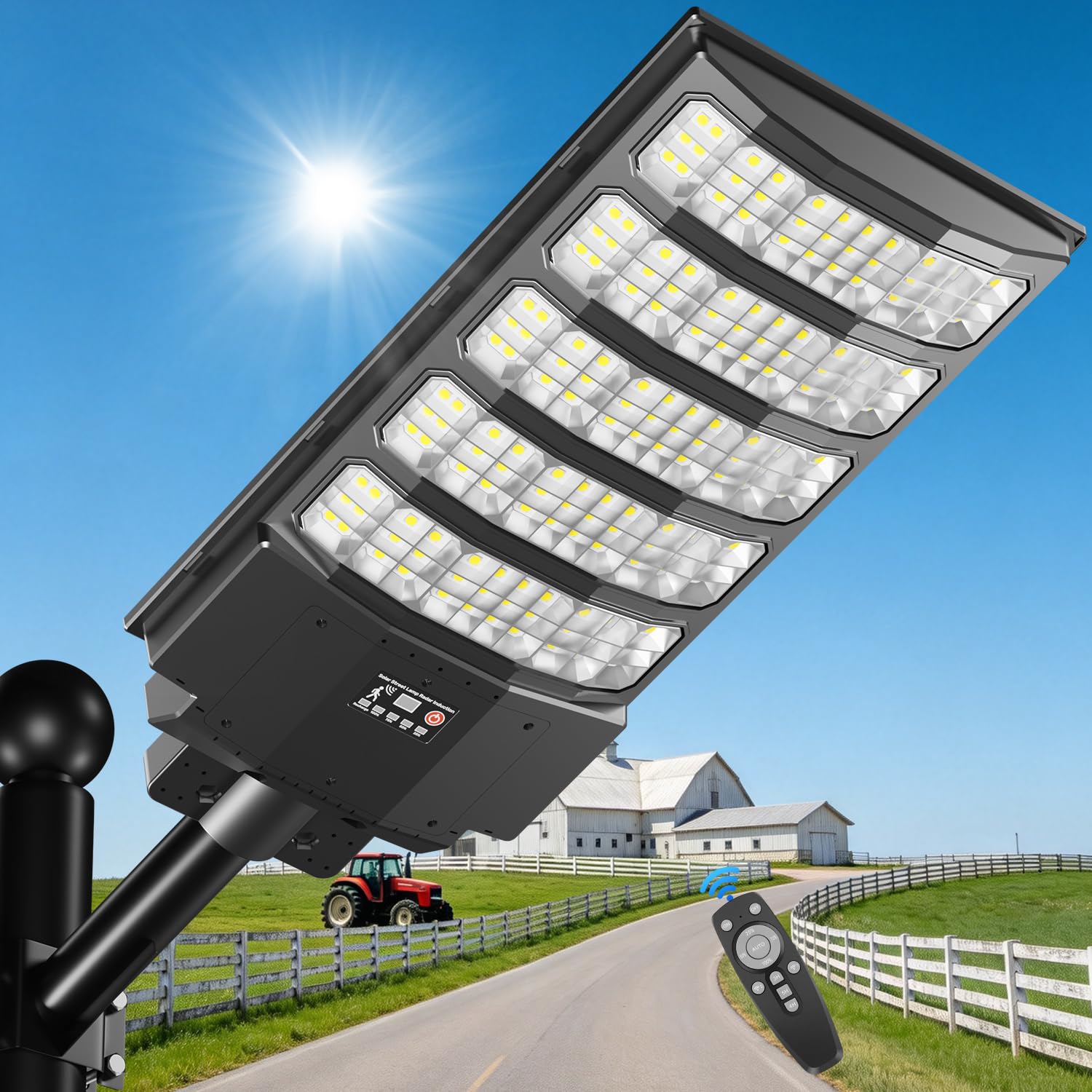 Lampione Solare LED Esterno 8000W Ultra Luminoso, Faretto Stradale IP66 Impermeabile con Sensore di Movimento e Telecomando, 6500K Lampioni Solari da Giardino Esterno per Strade, Cortili