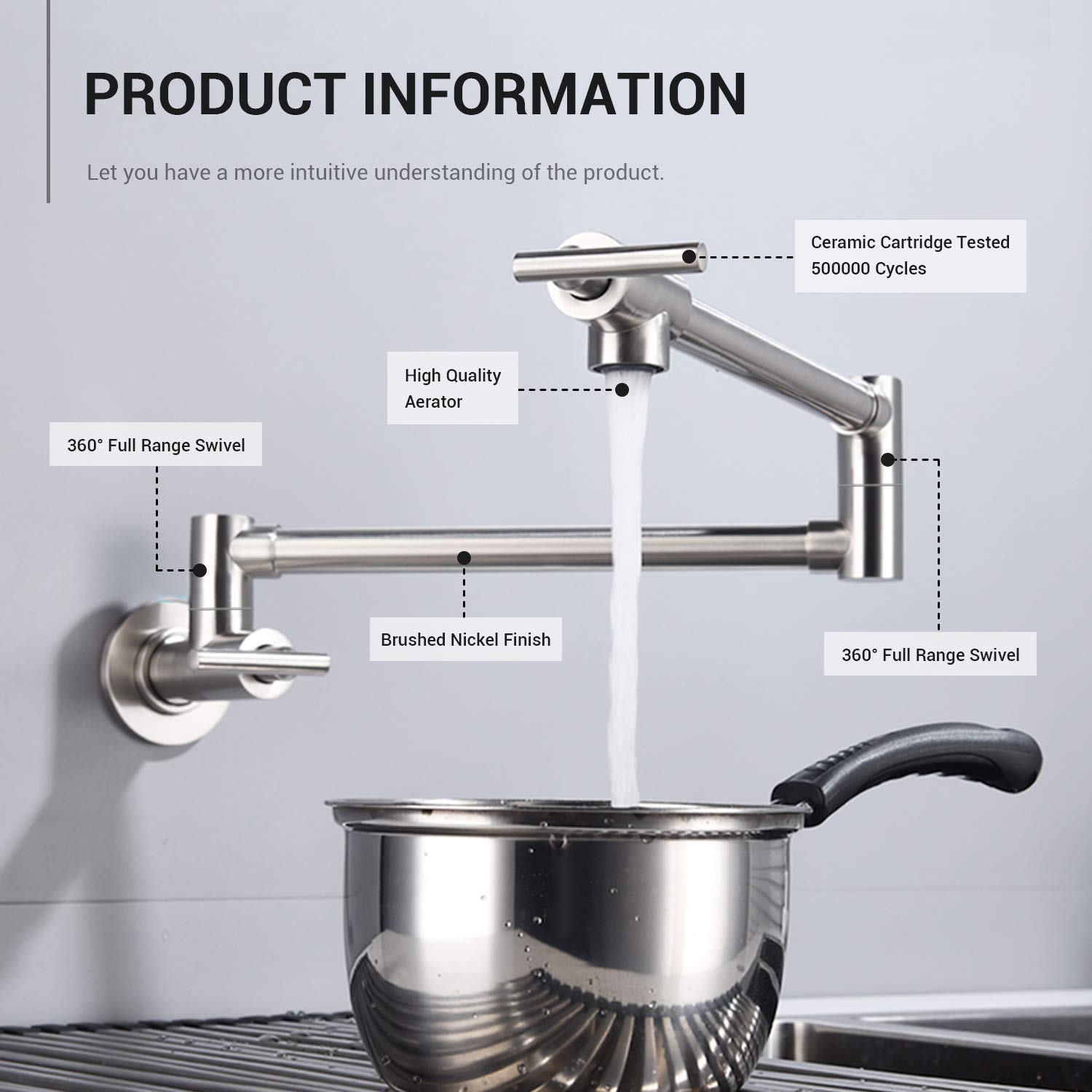 Grifo de llenado de pote KPF-13012BN, 2 manijas válvula montada en la pared de acero inoxidable comercial fregadero olla relleno con doble articulación brazo plegable estirable, níquel cepillado