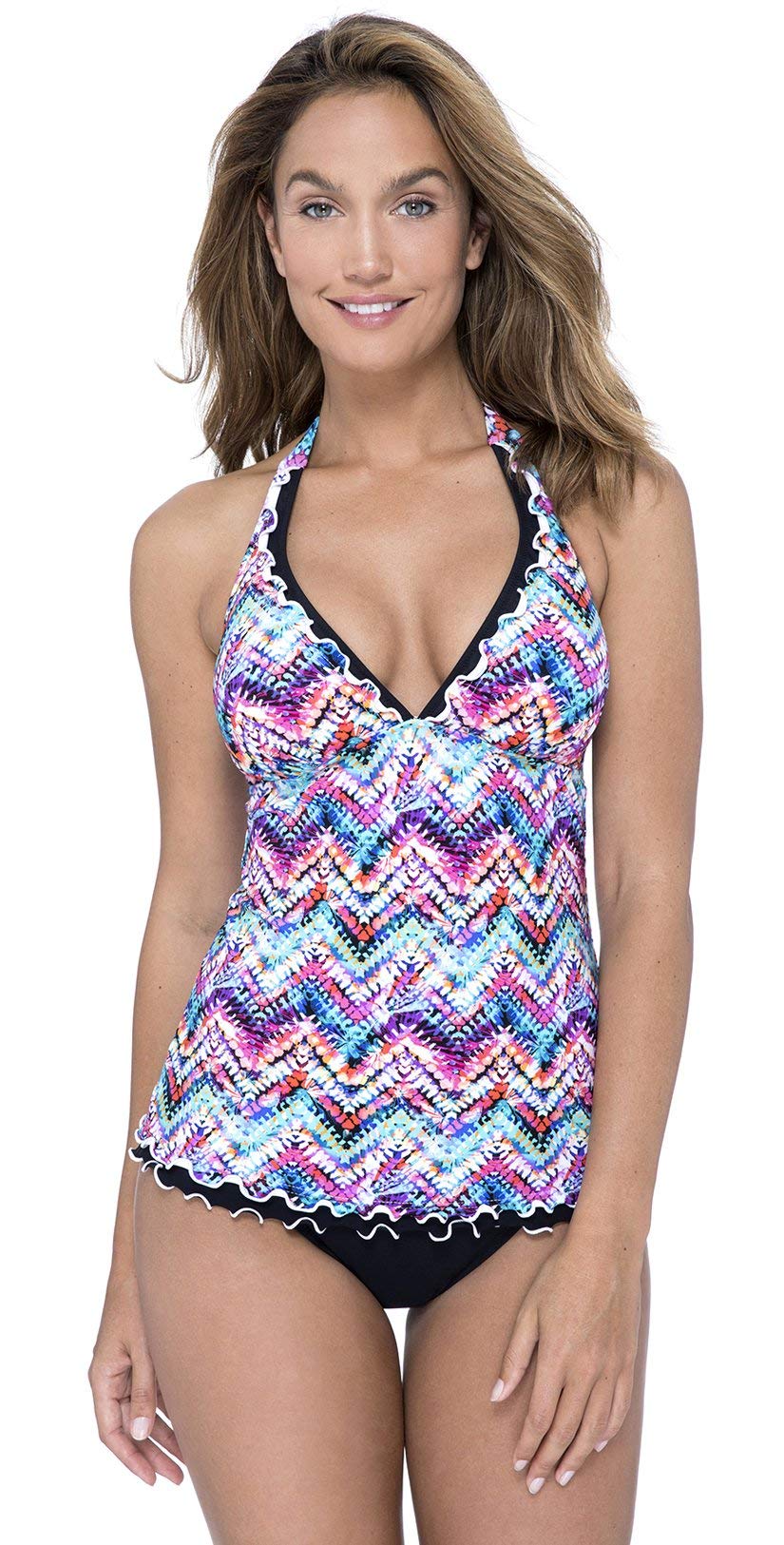 profile by Gottex Women's Lettuce Ruffle Halter V-Neck Tankini Top Swimsuit, Fantasia Multi, 6-picture-48