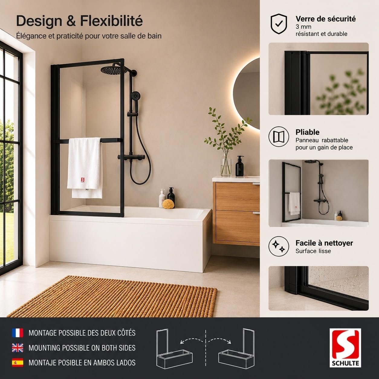 Schulte pare baignoire 70x140 sans percer noir réversible porte-serviettes | à coller rabattable à 180° verre trempé 3 mm