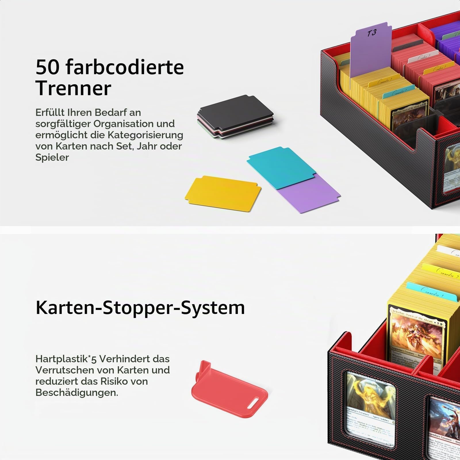 Trading Card Storage Box mit Commander Display, 3900+ Karten Commander Deck Case hält mit abnehmbarem Deckel, 5-Reihe MTG Organizer für TCG PTCG Sports Card,5 Toploader,50 Teiler (Rot)