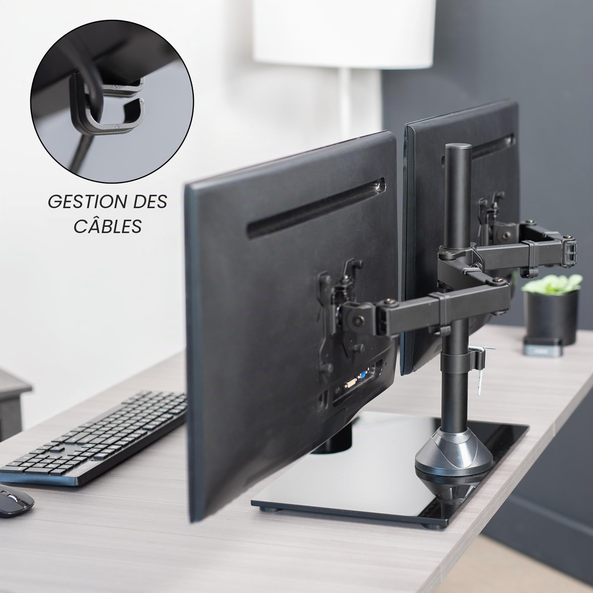 Vivo STAND-V002FG Support Autonome pour Deux écrans avec Base en Verre élégante et Bras réglables, Peut Supporter 2 écrans jusqu'à 32" et 10 kg chacun Noir