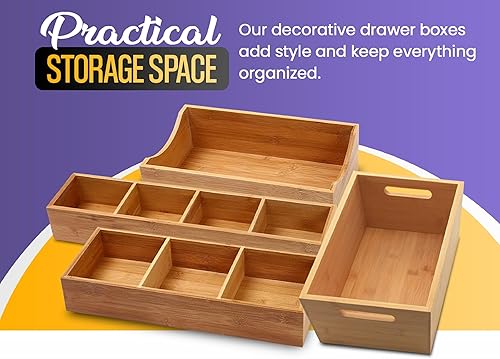 Miniatura 5 de YBM HOME Caja organizadora de cajones de bambú con 3 compartimentos, almacenamiento multiusos para cajón de basura, oficina, hogar, cocina,