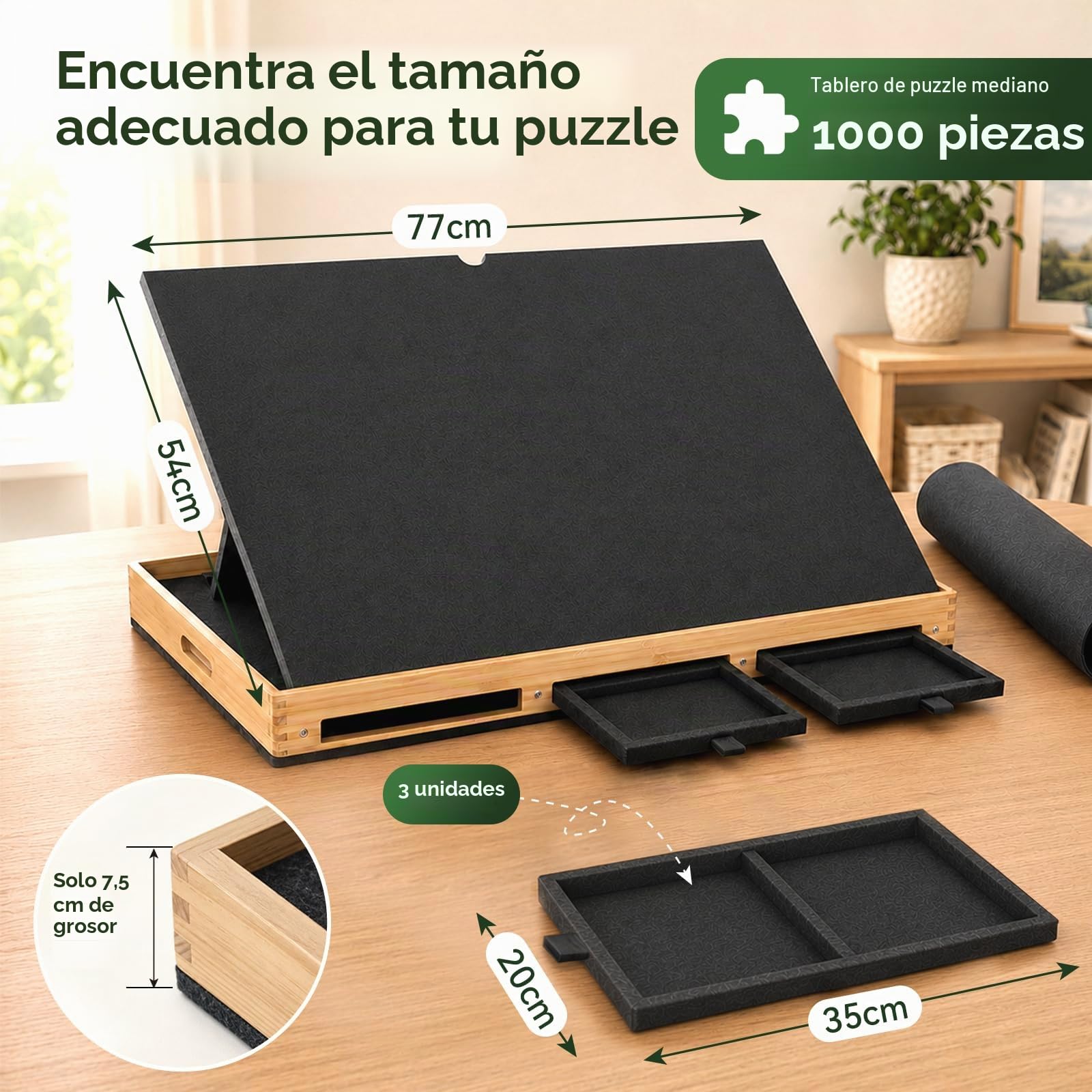 Mesa Inclinable para Puzzles de Fieltro 1000 Piezas con Cajones y Cubierta - Tablero Ligero de Fieltro con Soporte 2 en 1 y Asa de Transporte - Ideal para Adultos y Amantes de los Puzzles