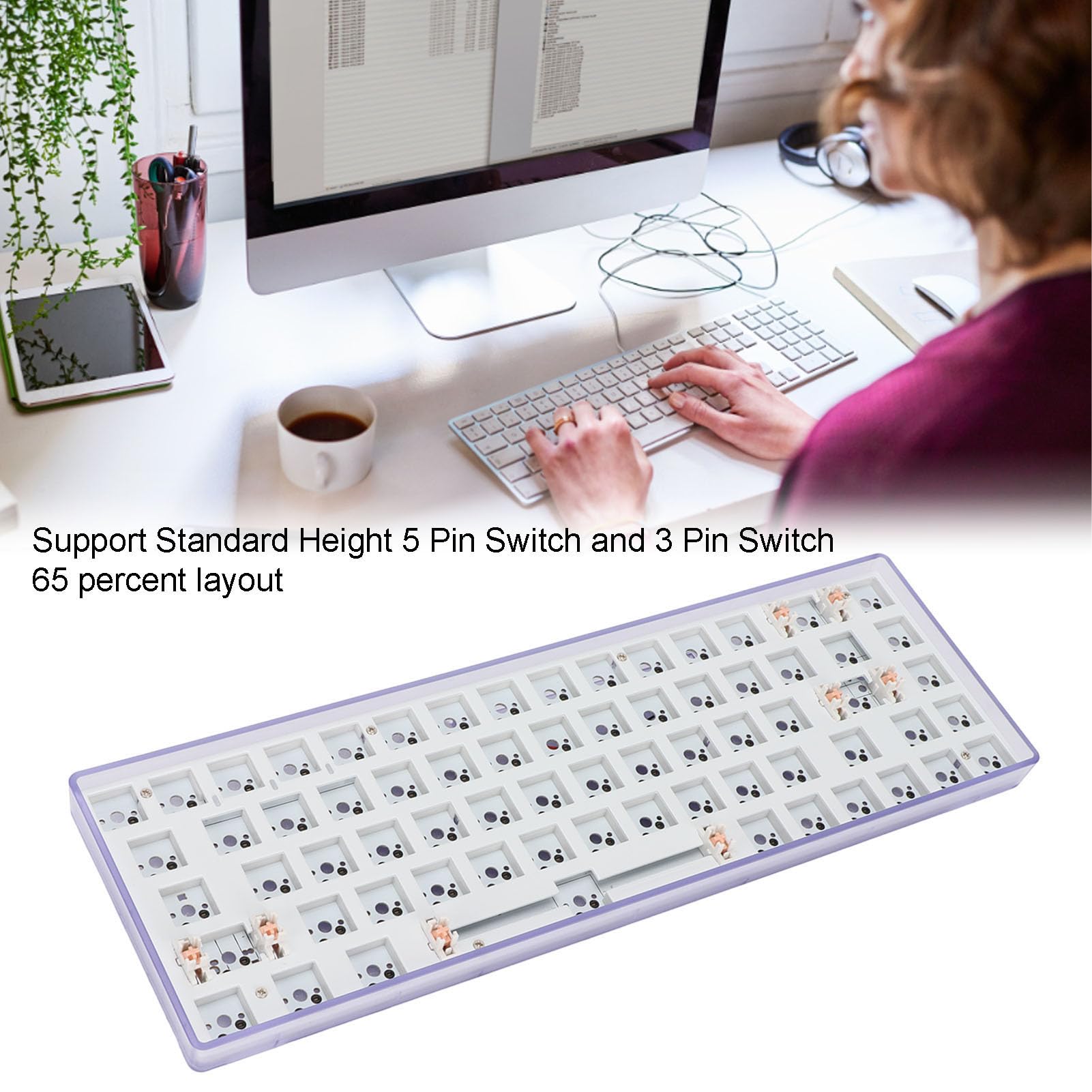Teclado mecánico modular 65% RGB de 68 teclas, intercambio en caliente, conexión BT 5.0, kit de teclado inalámbrico personalizado de 2.4 GHz, y programable (morado)