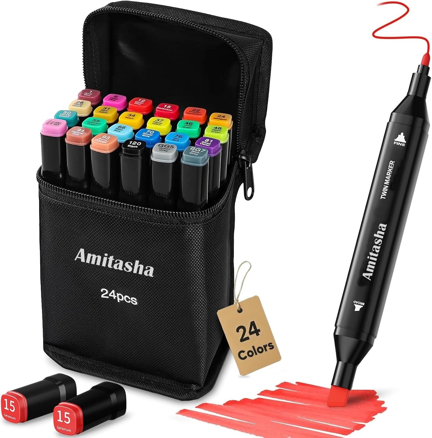 Amitasha 24 Shades Dual Sided Art Markers Pen Set Chisel Tip Color Sketch Pens for Wood, Canvas, Stone, Rock Painting, Glass, Ceramic Surfaces, DIY Crafts Making Creative Supplies