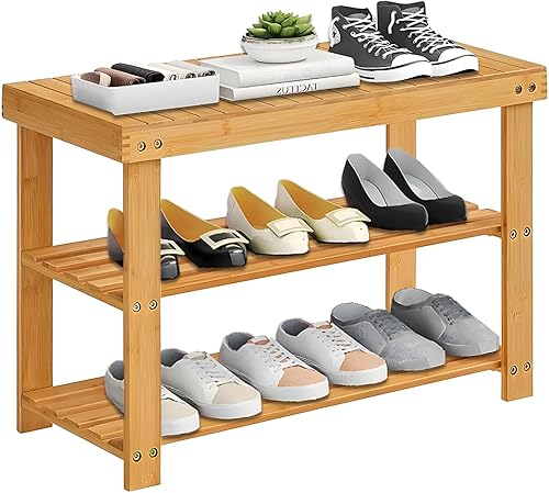 Zapatero de bambú de 3 niveles, banco organizador de almacenamiento de zapatos, banco de entrada, zapatero para entrada de puerta delantera,