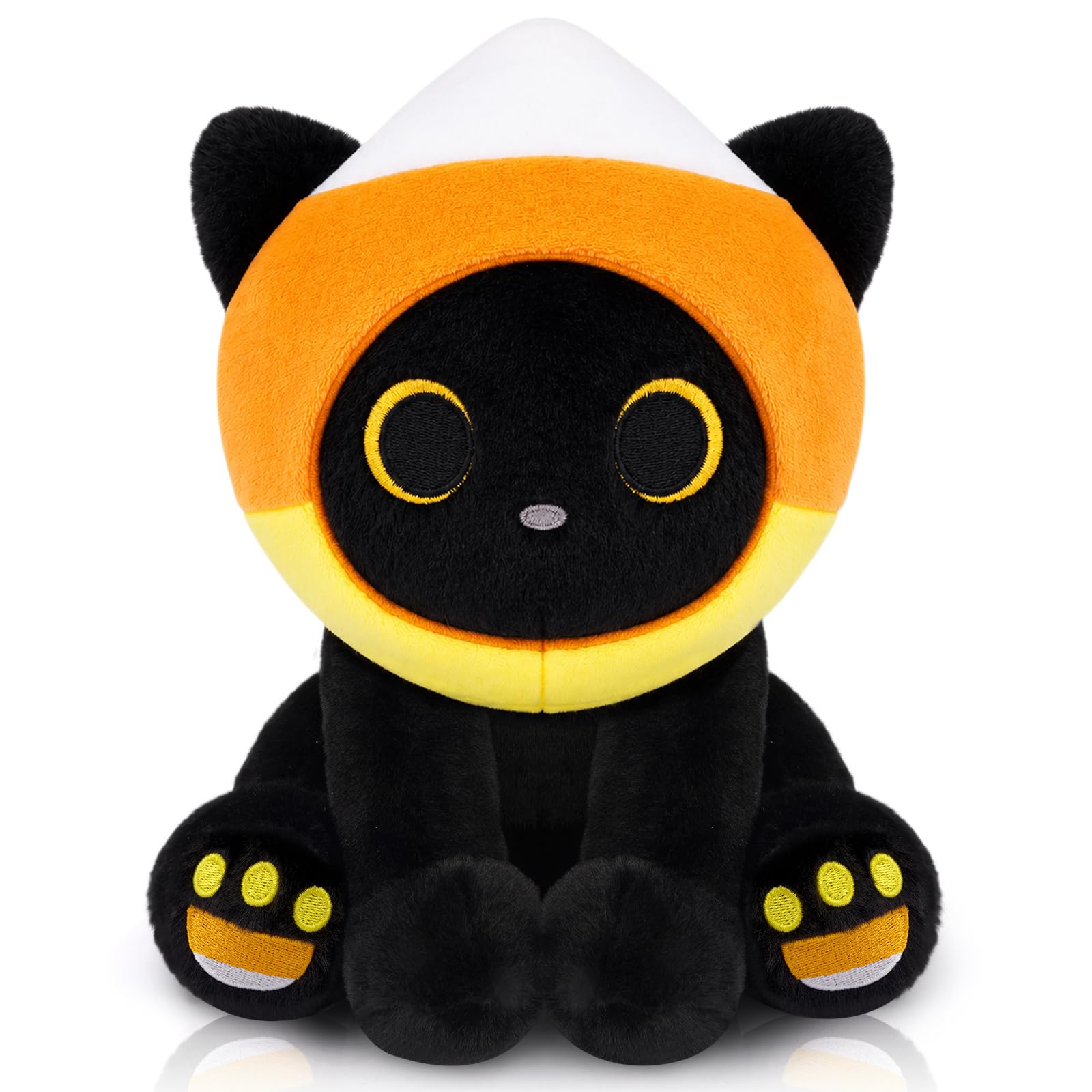 Halloween Plush - 8" Candy Corn Black Cat with Removable Hood, Soft Halloween Stuffed Animal Cute Kitty with Corn Paws, Cozy Gift for Kids, Baby, Adult Yellow and White