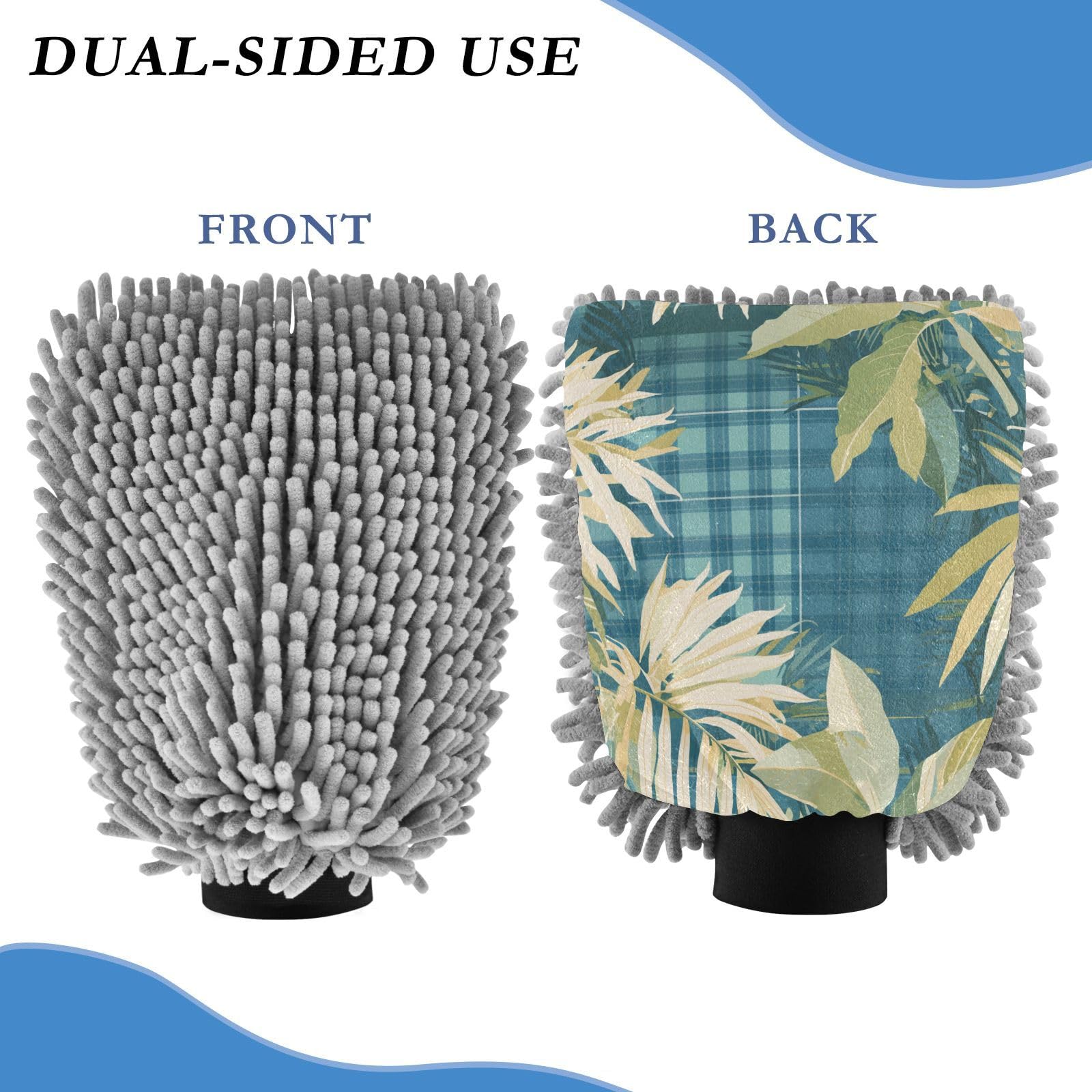 Tropical Style Blue Plaid Green Leaves Car Wash Mitts Microfiber Scratch-Free Wash Mitts for Cars Sponges for Car Washing