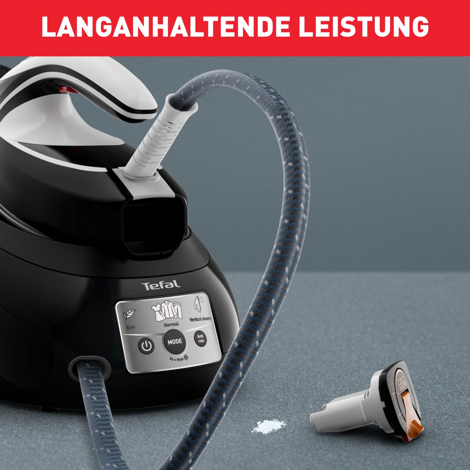 TEFAL EXPRESS ANTI-CALC Dampfbügelstation, abnehmbarer Kalk-Kollektor, 450 g/Min. Dampfstoß, leistungsstarker 6,5-Bar-Druck, Smart Temp-Technologie, Eco-Modus, 1,8l Wassertank, schwarz/weiß, SV8055