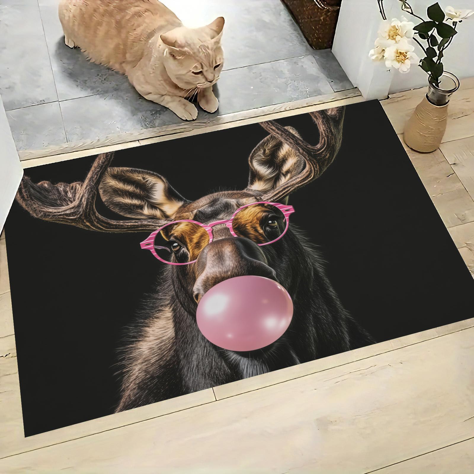 Tapis entree interieur absorbant et lavable 45x75 cm rose et noir antidérapant avec élan original