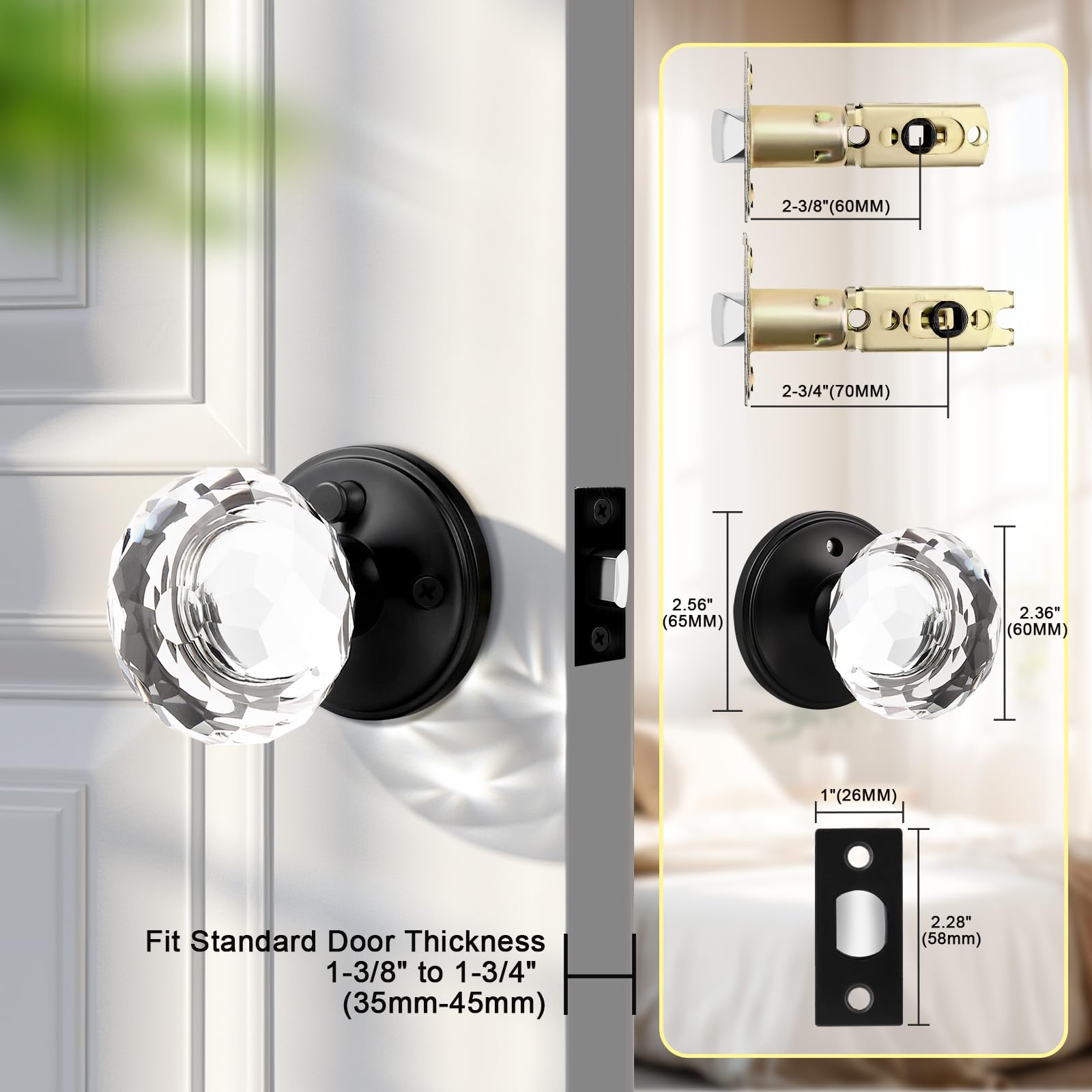 Elegant Black Crystal Door Knobs - 5 Pack -4