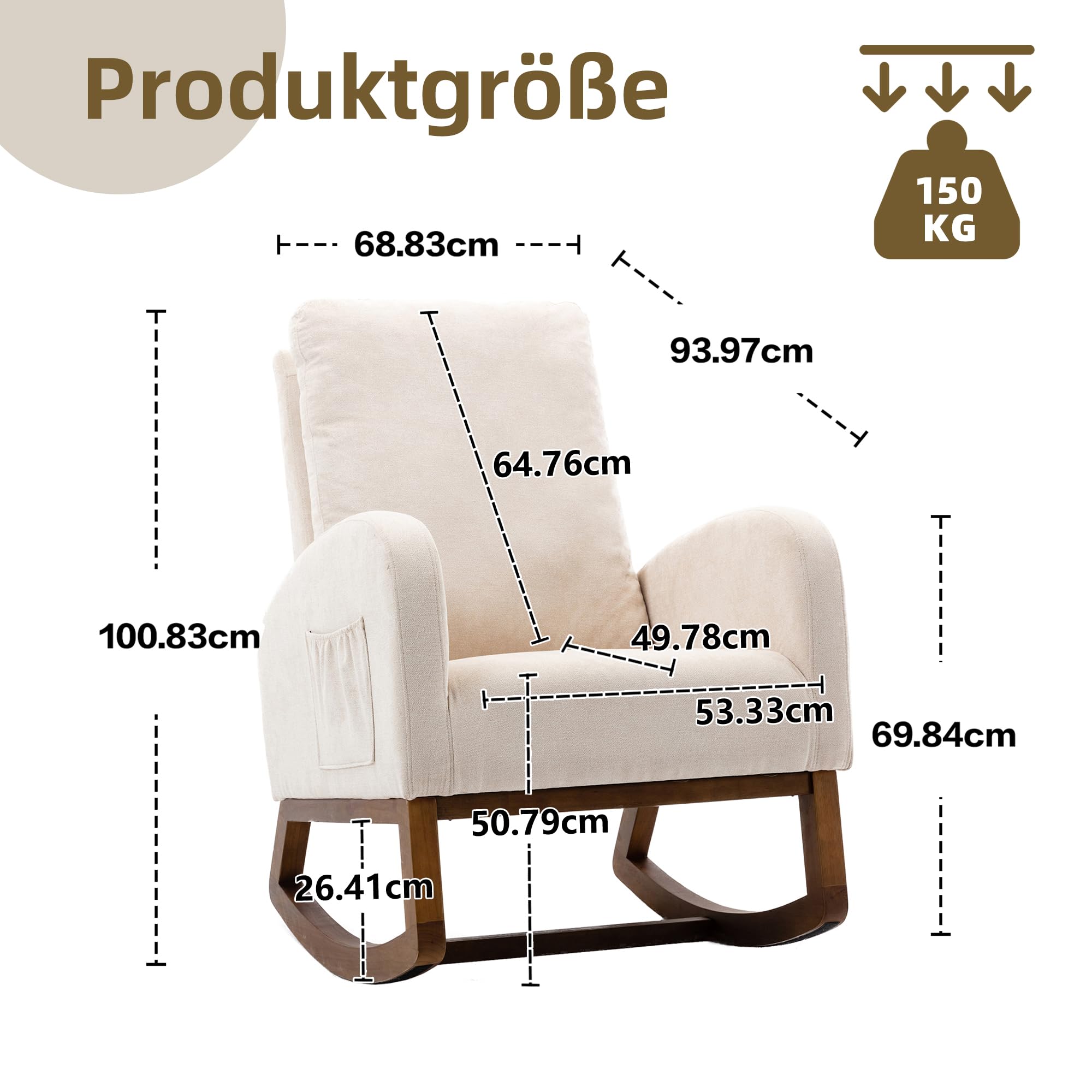 Silla mecedora acolchada para habitación infantil Glider Rocker para bebés y niños, sillón Comfy con bolsillo lateral, sillón de salón con respaldo alto (beige), yaoyi-01