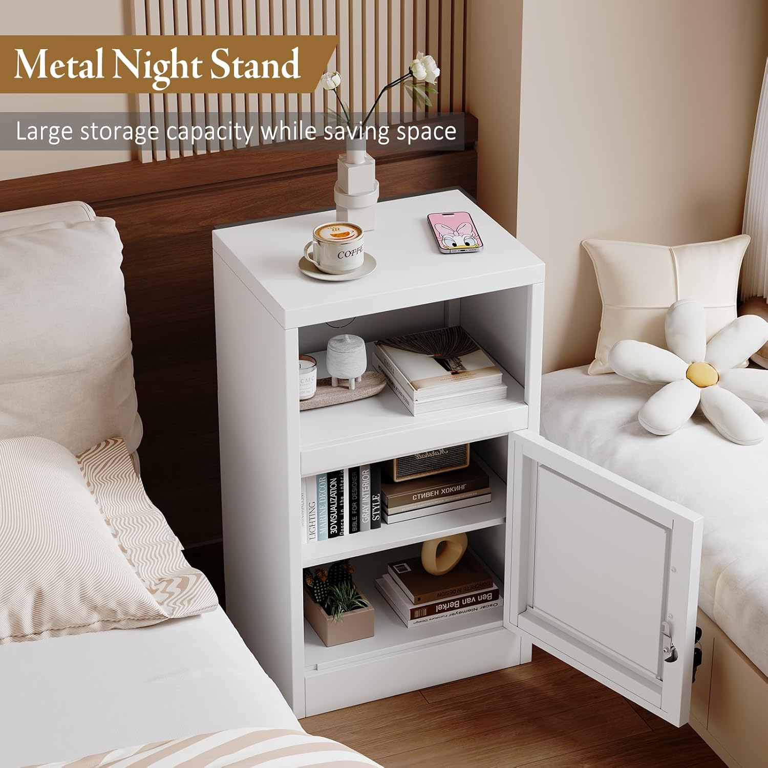 Night Stand, Metal White Nightstand with Adjustbale Shelf and Lock, Locking File Cabinet for Home Office, Bedroom (White, 27.56")