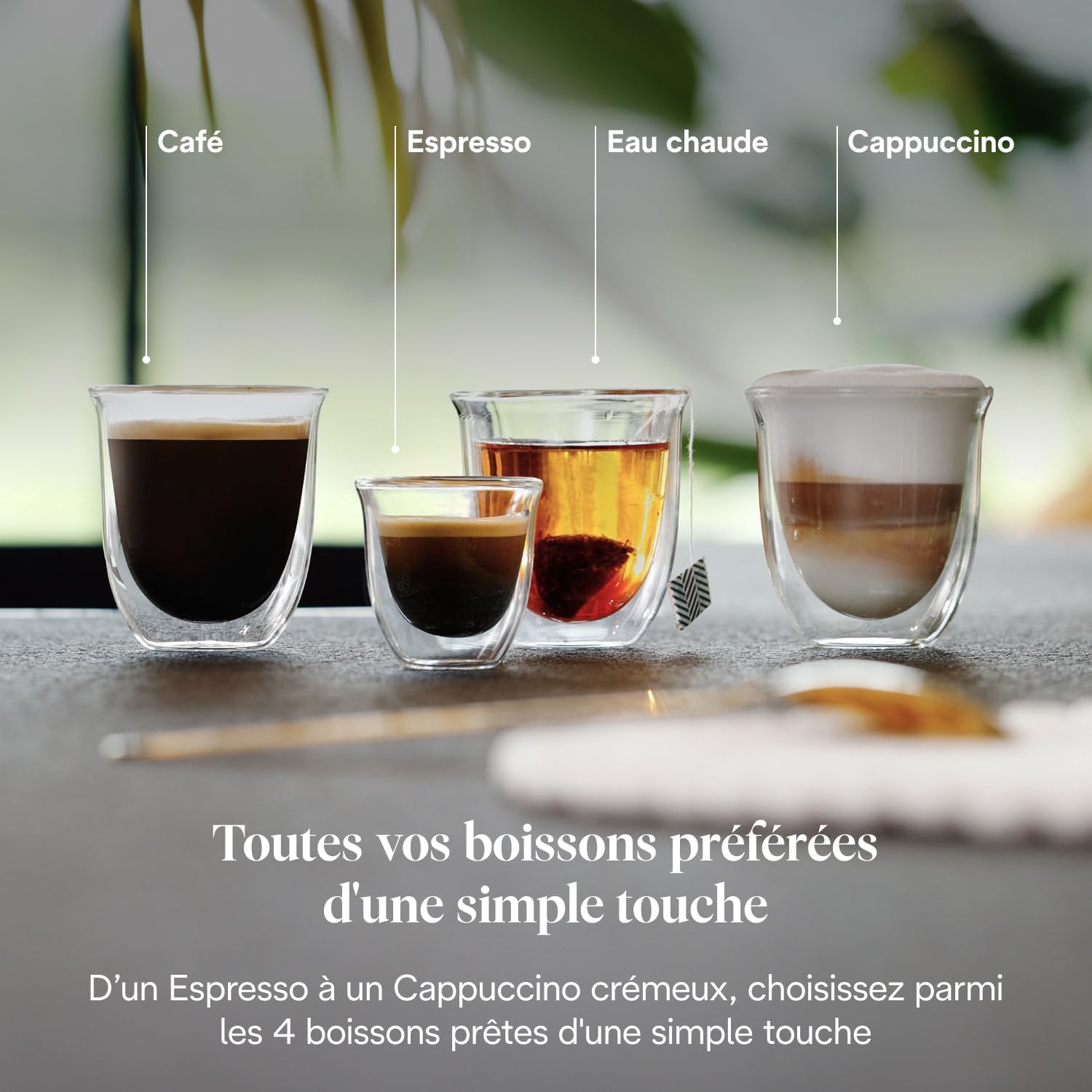 Four different coffee beverages: Cafe, Espresso, Hot Water, and Cappuccino, prepared by the De'Longhi Magnifica Start