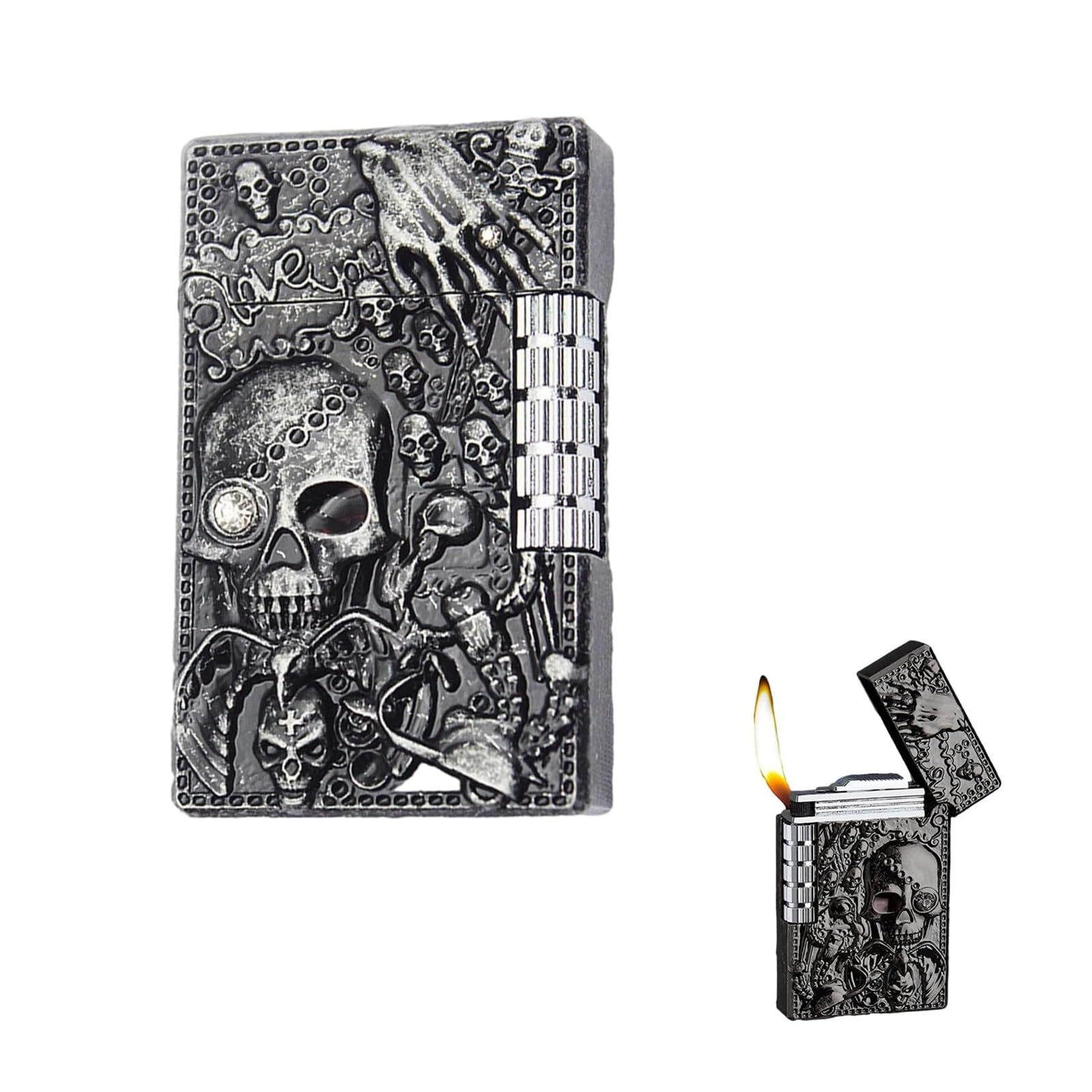 Briquet Jet Tête de Mort Gravé Flamme Douce Gonflable Antique Rétro