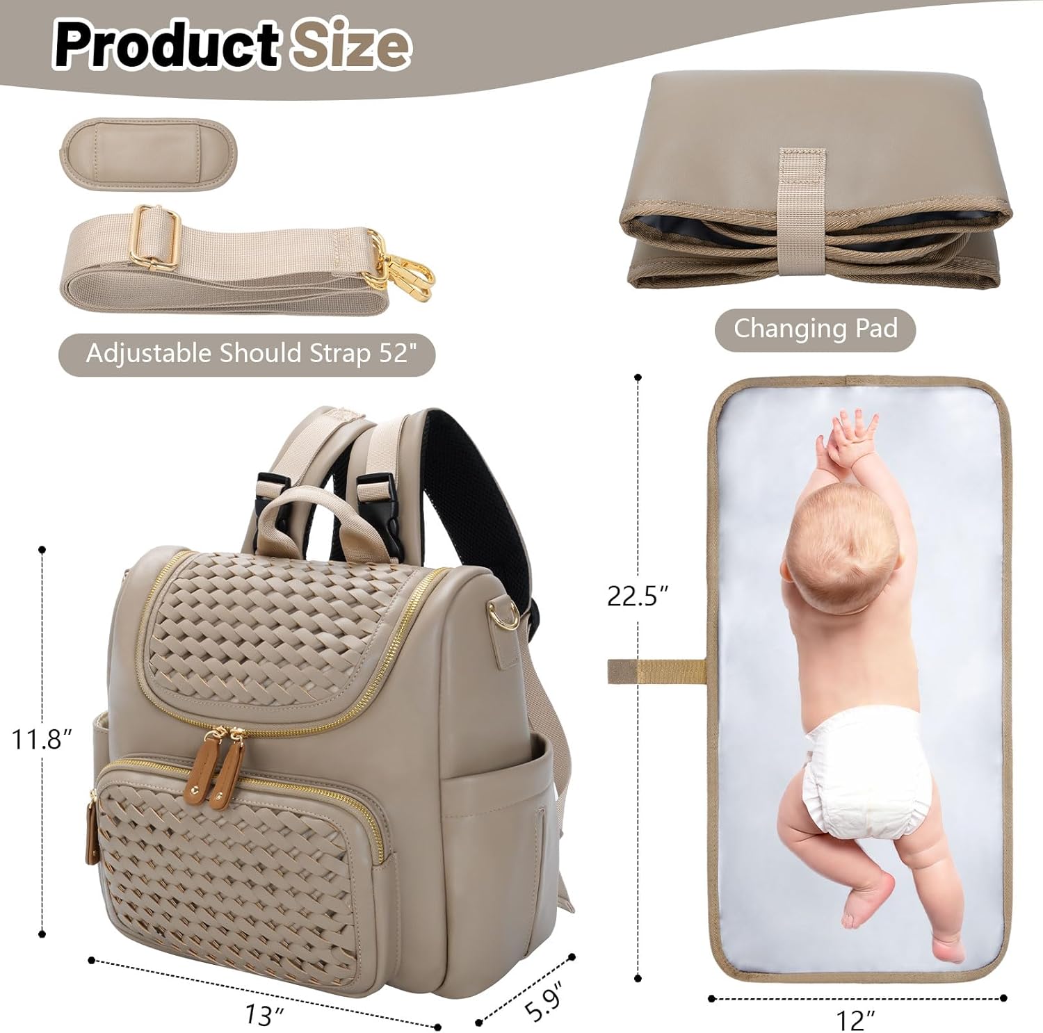 Minsong Diaper Bag Backpack, Small Diaper Backpack for Mom with Changing Station, Stylish Vegan Leather Travel Diaper Nappy Bags (Khaki) - Image 3