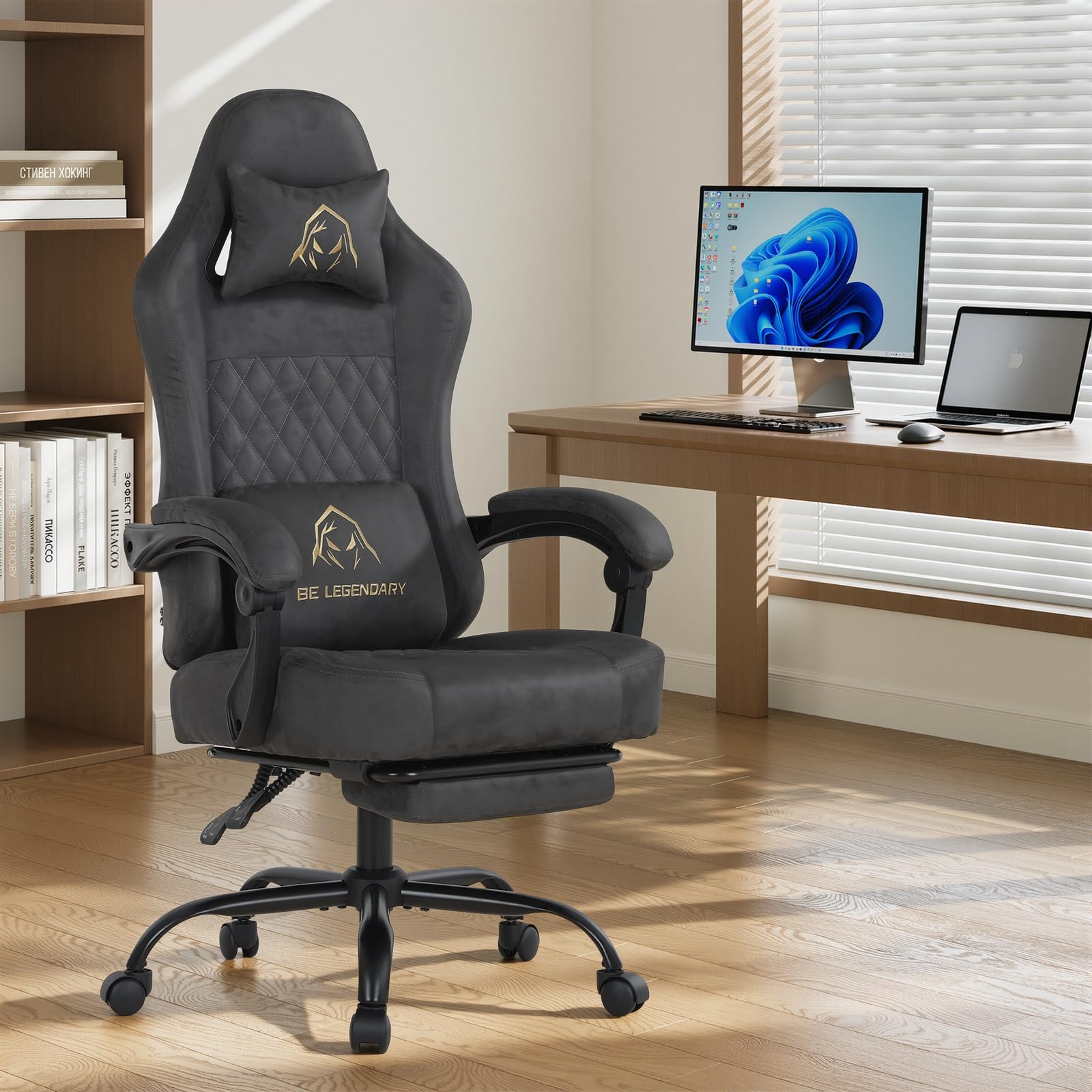 MALOL Gaming Chair for Adults, Computer Chair with Footrest and Lumbar Support, Height Adjustable Gaming Chair with 360°-Swivel Seat and Headrest, Dark Grey — image 1