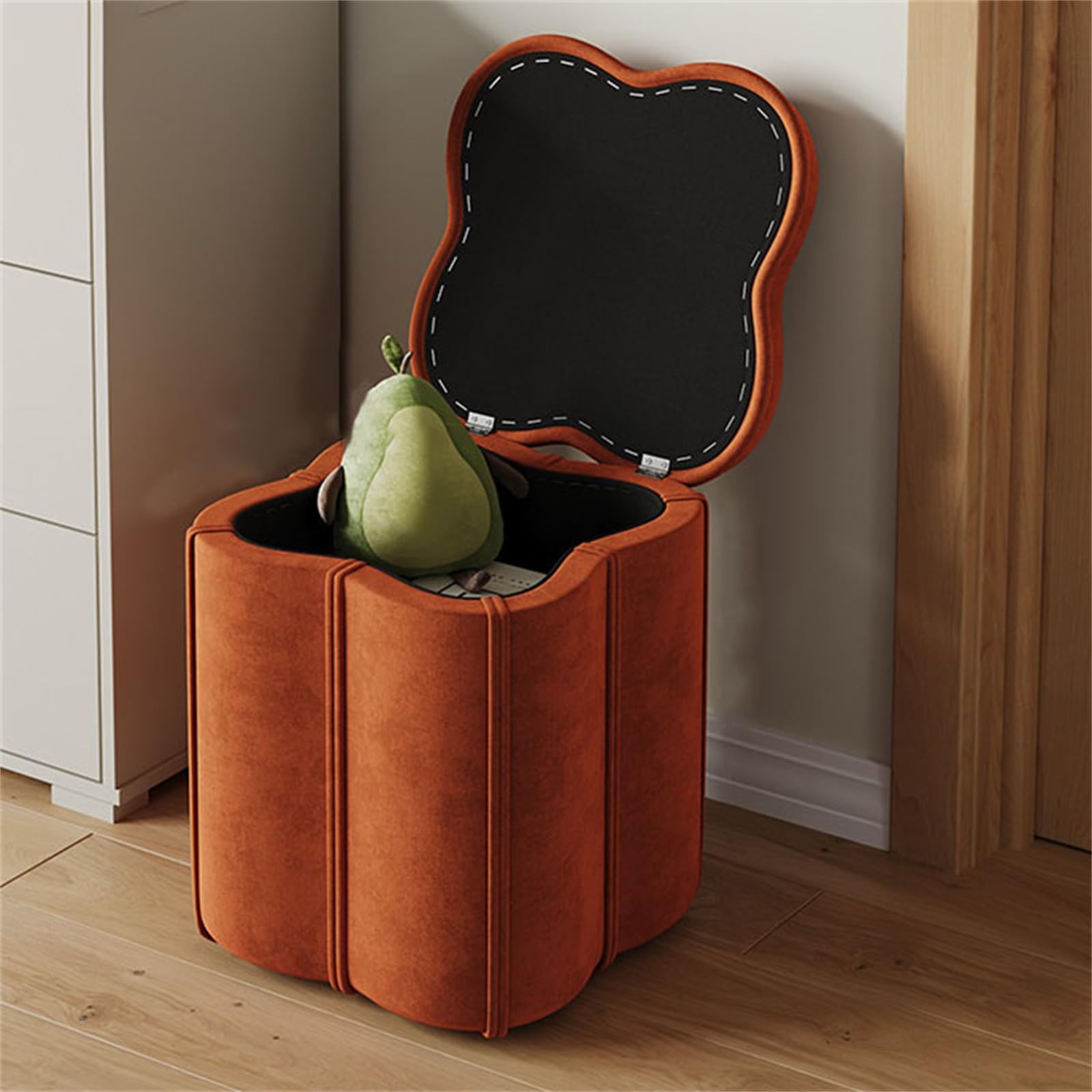 Pouf de rangement rond avec assise rembourrée haute densité et finitions soignées
