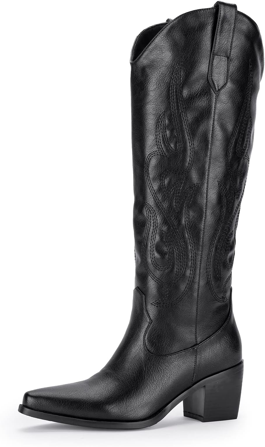 Pasuot Rhinestone Cowboy Boots for Women - Wide Calf Knee High Cowgirl Boots with Side Zipper and Sparkly Glitter Embroidery, Almond Toe Mid Heel Retro Fashion Tall Cowgirl Boot Pull On for Ladies