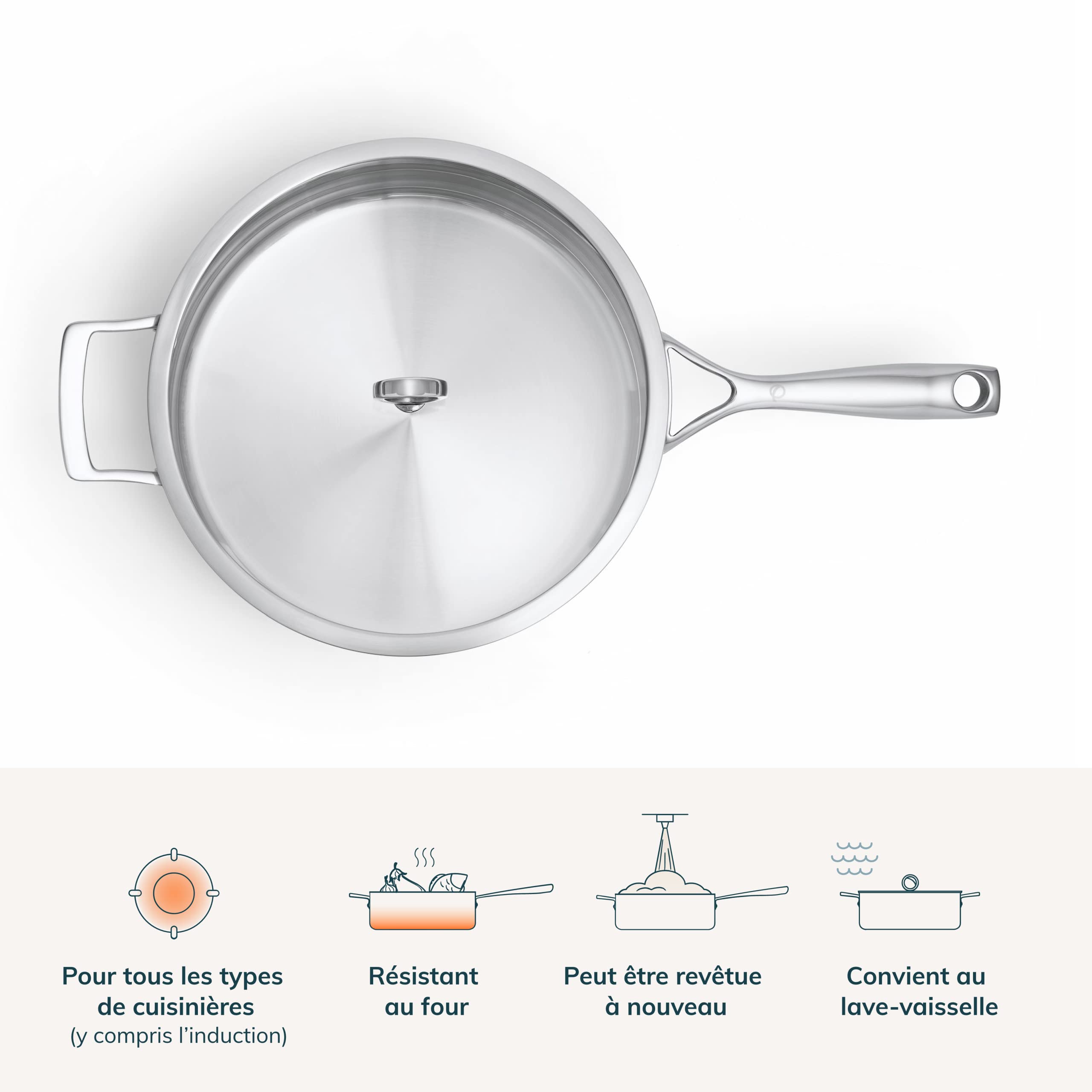 Olavson Schmorpfanne 28 cm hoher Rand, Kupferpfanne, Induktion, mit Deckel, Antihaftbeschichtung, Servierpfanne 28 cm hoher Rand, unbeschichtete Pfanne, Edelstahl mit Kupferkern (Servierpfanne) 6.5L