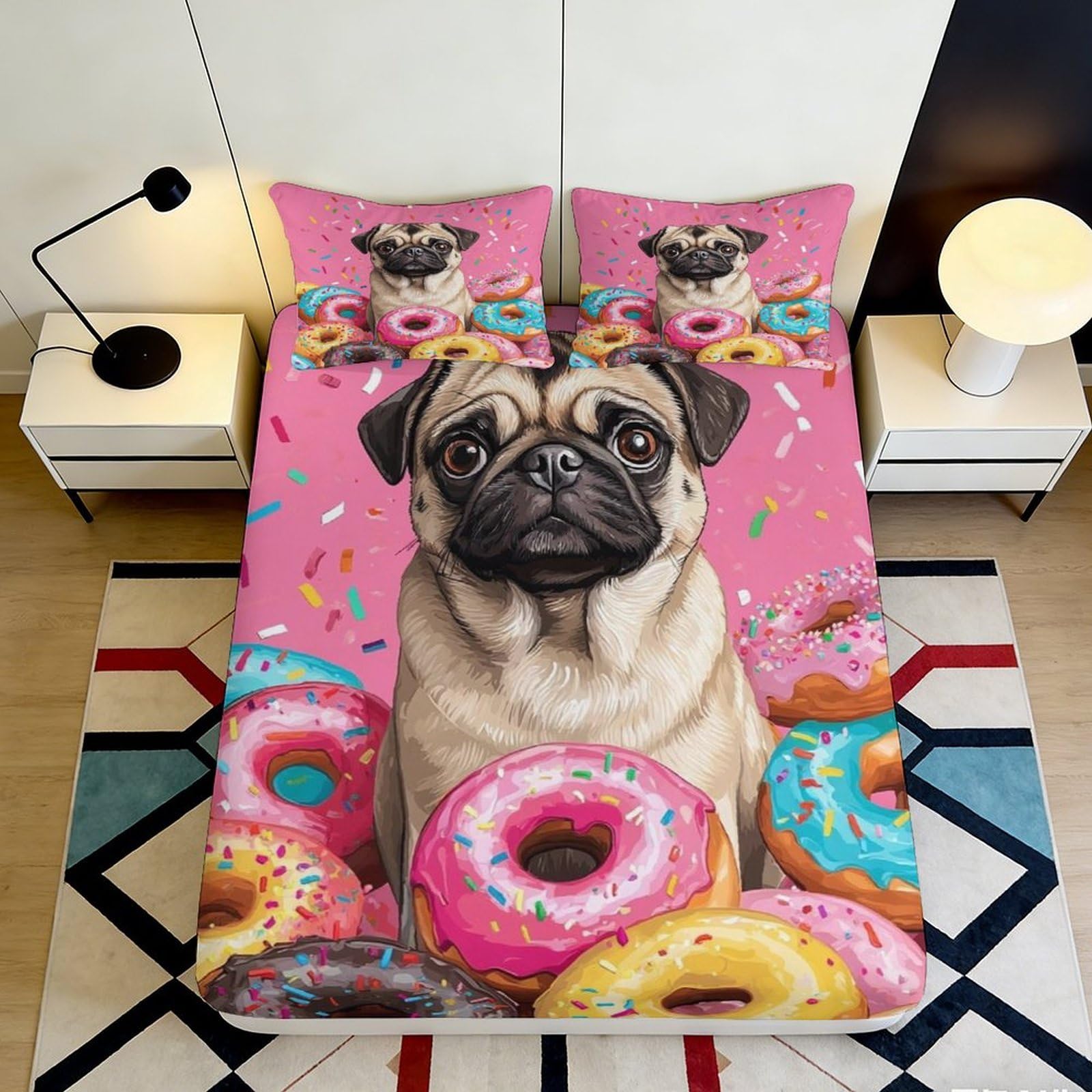 3D Printed Pug Donut Fitted Sheet Microfiber Deep Pocket Non-Slip Bedroom Bedding Wrap Dog Pattern Mattress Fitted Cover Washable 200x200x25cm