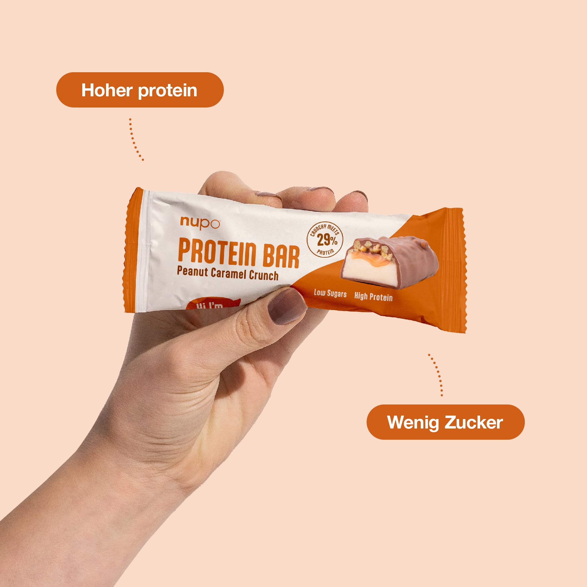 Nupo Proteinriegel Peanut Caramel Crunch | 13 g Protein pro Riegel | Wenig Zucker | Glutenfrei | 45 g x 12 Pack | Eiweißriegel