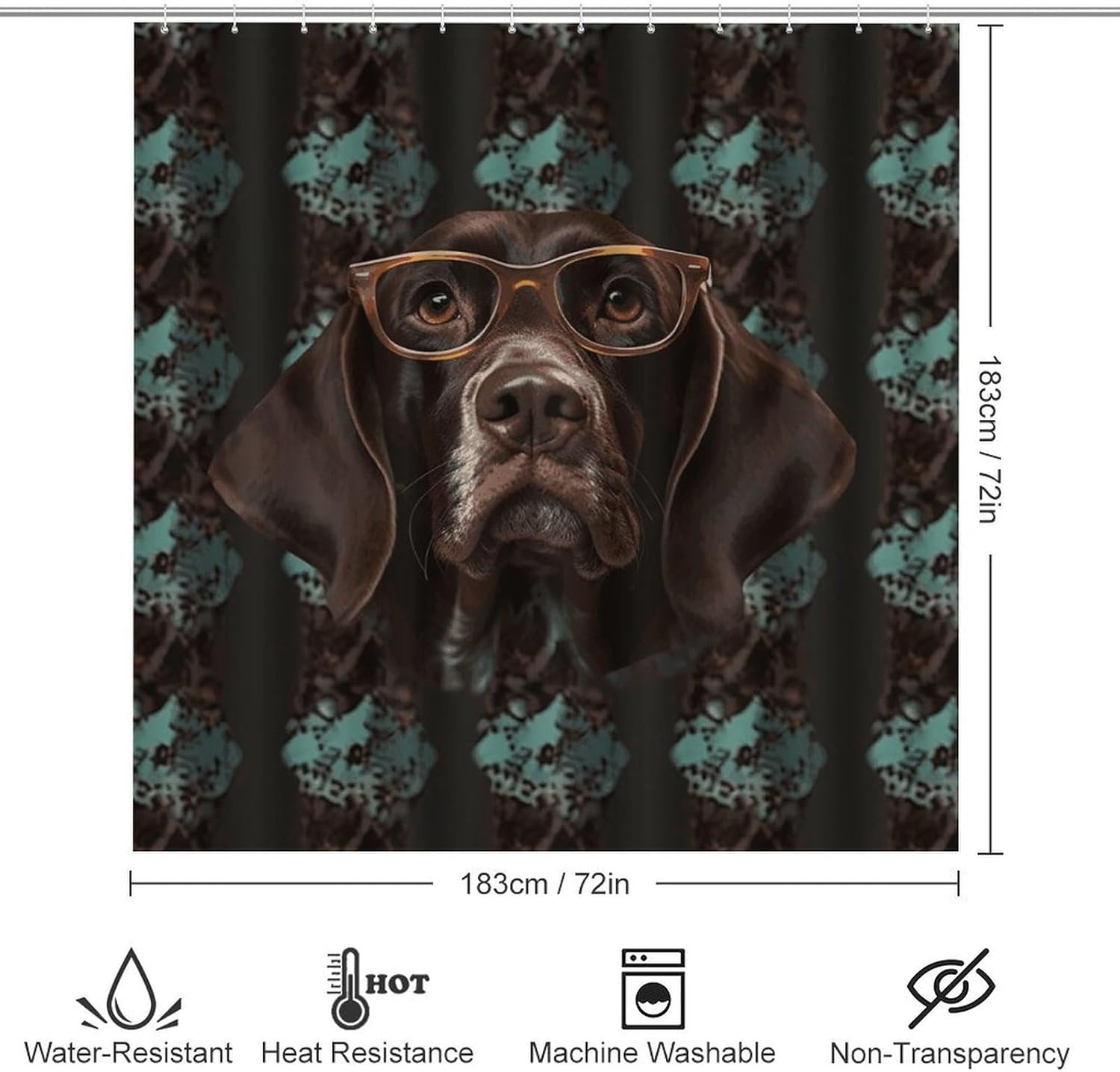 German Shorthaired Pointer in Glasses Shower Curtains Set 4 Piece with Non-Slip Rugs, Toilet Lid Cover and Bath Mat Soft Bathroom Carpet Waterproof Bathroom Curtain with 12 Hooks for Bathroom Decor