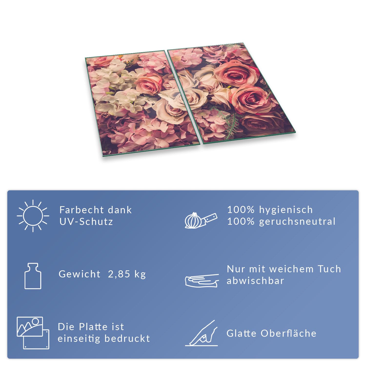 decorwelt Herdabdeckplatte 2 teilig Ceranfeld Rosen Bunt 2x30x52 Kochplatten Glas Küche
