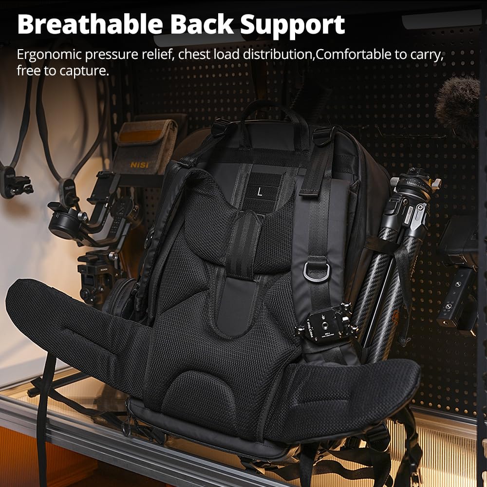 AMBITFUL Mochila grande para cámara DSLR/SLR sin espejo, ergonómica, suspendida, profesional, impermeable, con soporte para trípode y compartimento para laptop, color negro (25 L + 3 L, OM-28)